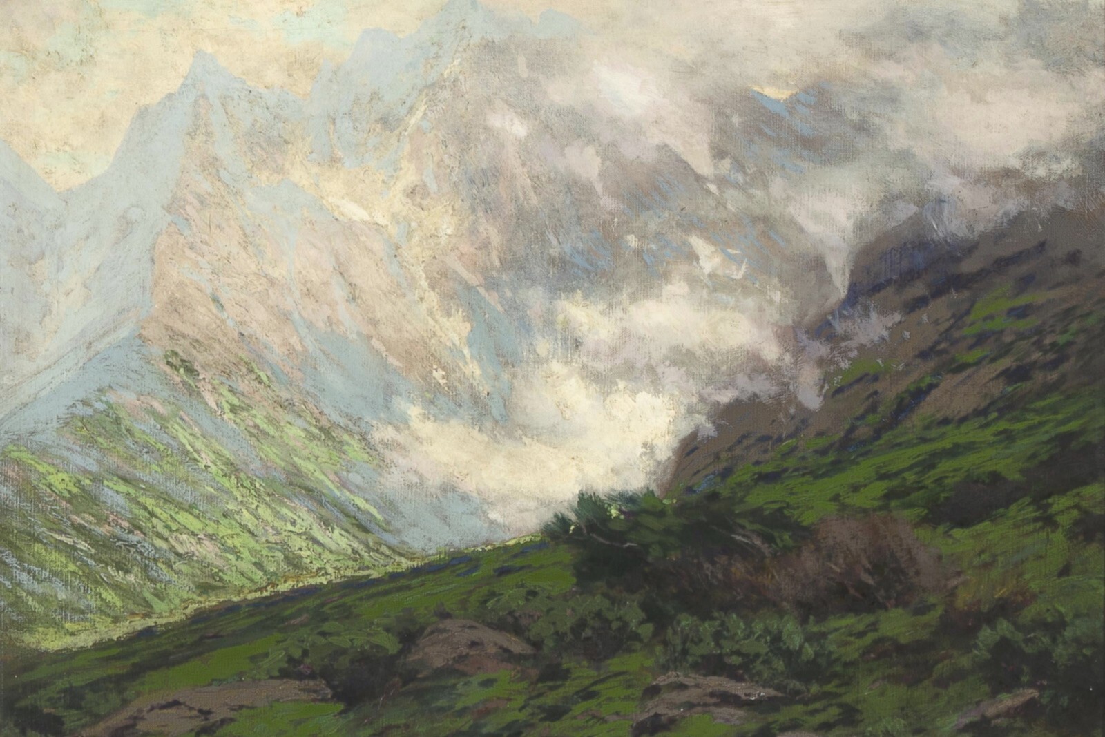 Vintage Lg Trees-Clouds-Mountains Landscape Painting Print-White-Green-Blue-Gray
