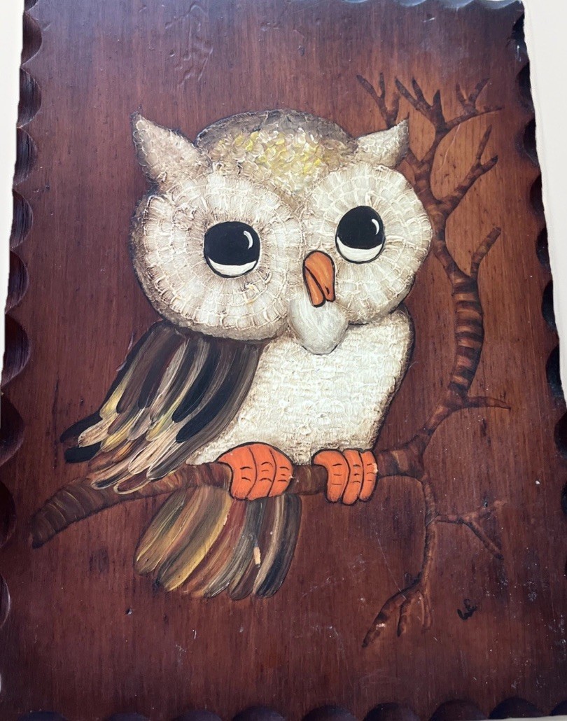 VTG 70s Retro Owl Textured Tole Hand Painted Wood Plaque Scalloped Edges 10×14”