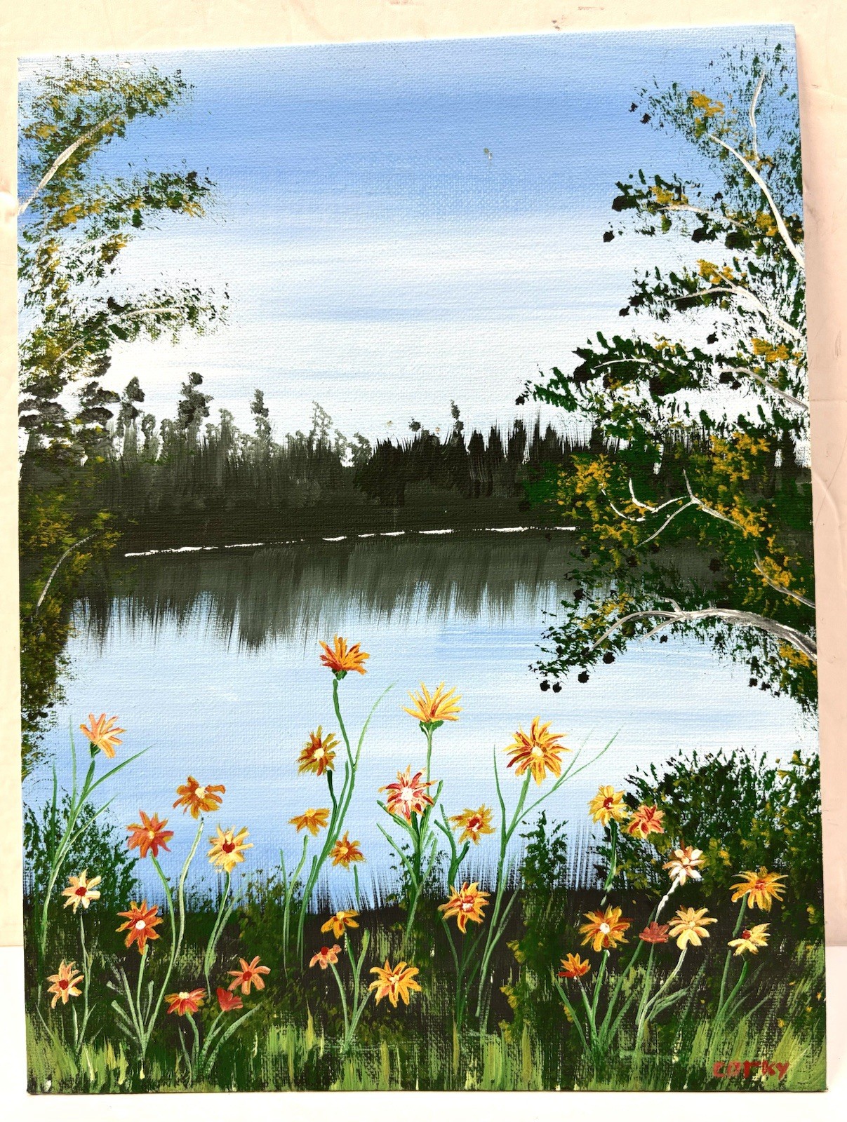 Original Oil Painting Lake or Pond Scene Landscape Flowers Trees 12×9 Unframed