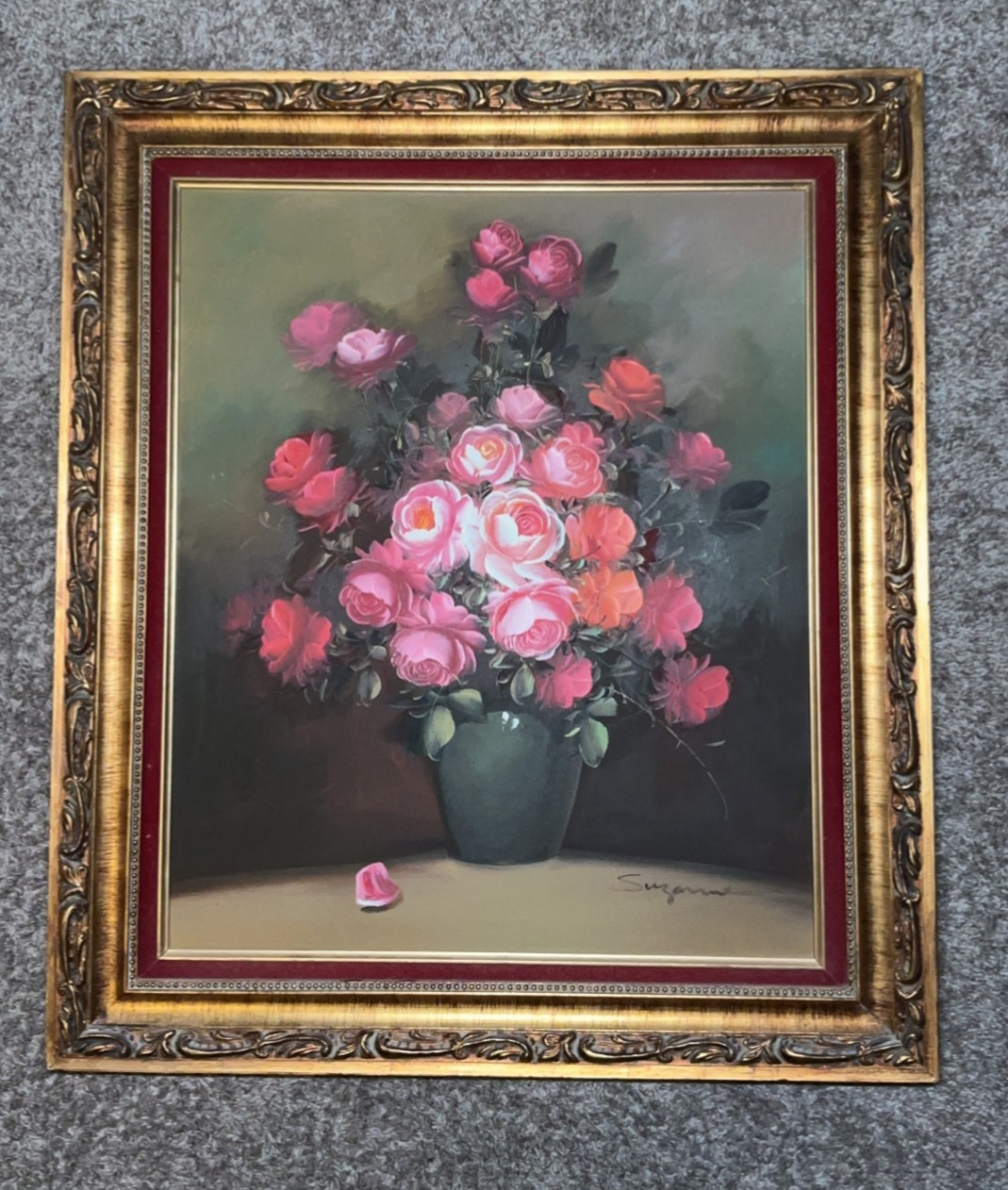 Large Floral Bouquet Oil Painting – Signed by Suzanne – Framed 26.5×30.5