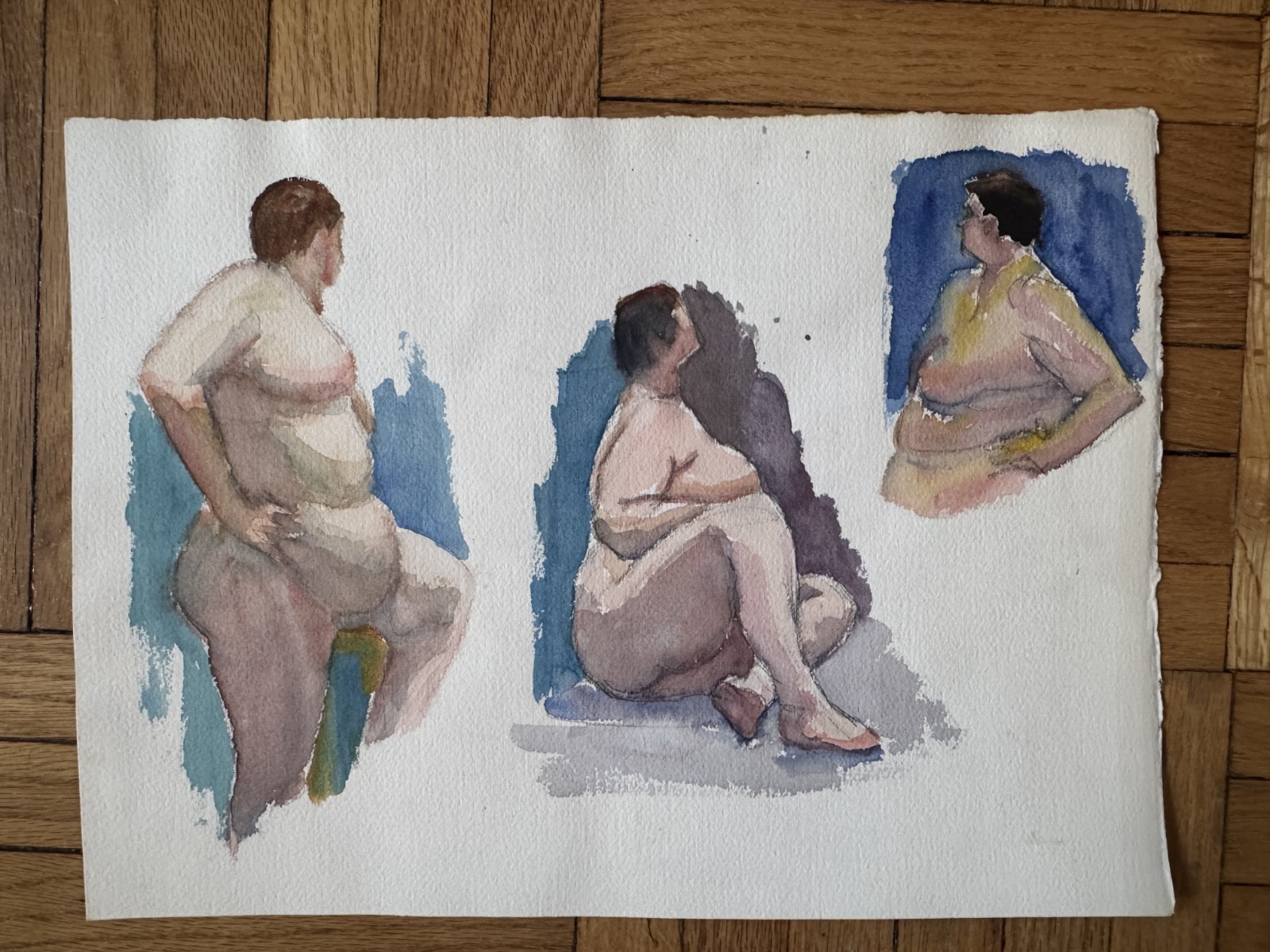 Vintage Watercolor Study Painting 3 Large Heavyset People Peter Feldman 15 x 1