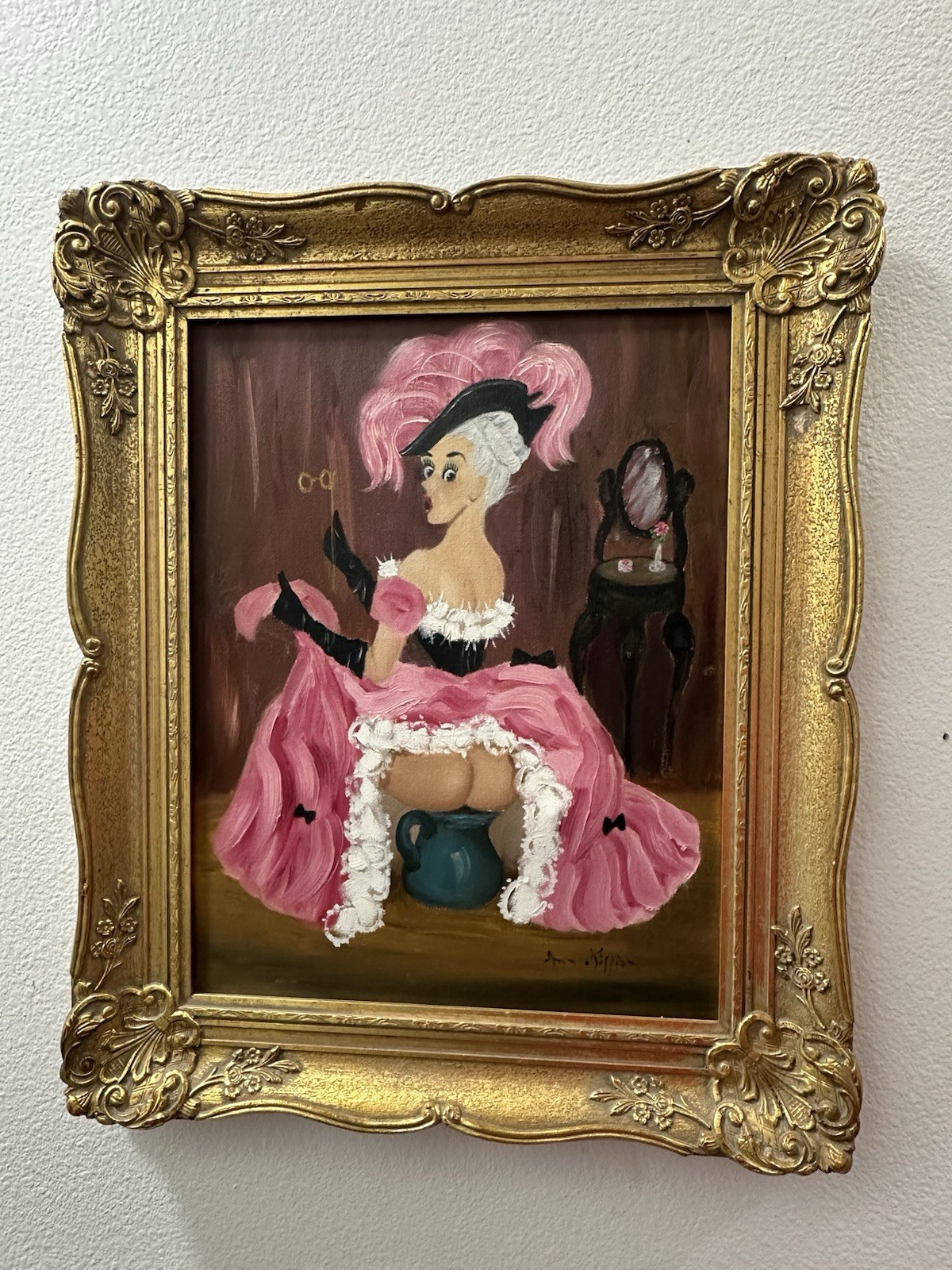 Original Oil Painting Framed 18th Century Seated Chamber Pot Risqué Masquerade