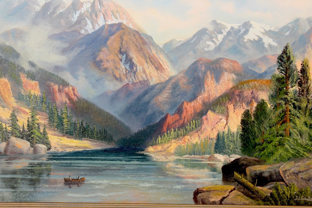 Large Idyllic Rocky Mountain Oil/board Painting early 20th C.Signed J.A.COULTRUP