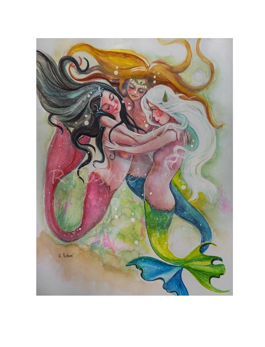 Original Illustration painting, 3 Dancing Mermaids in the sea 8.50″ x 11″