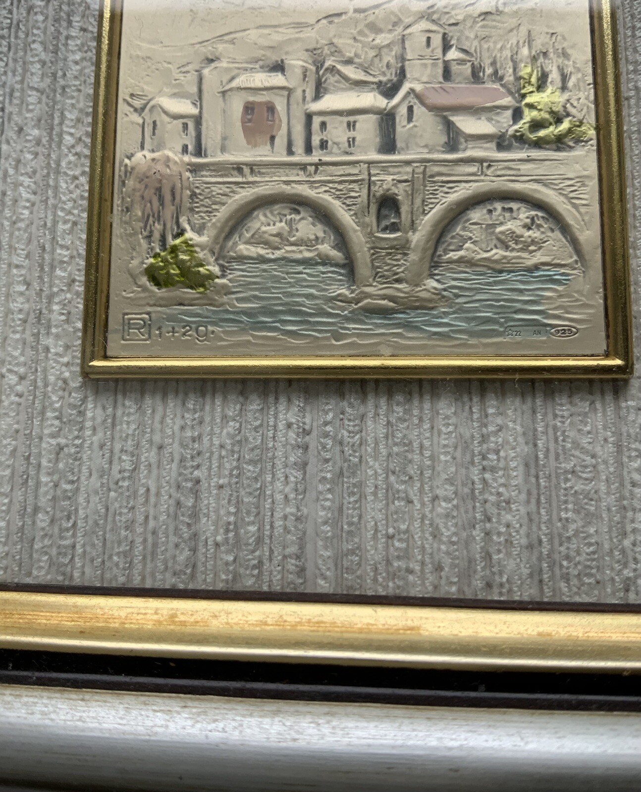 Vtg Embossed Sterling Silver Painted Hand Made Italy City Bridge Scene 4.5”x 4.5