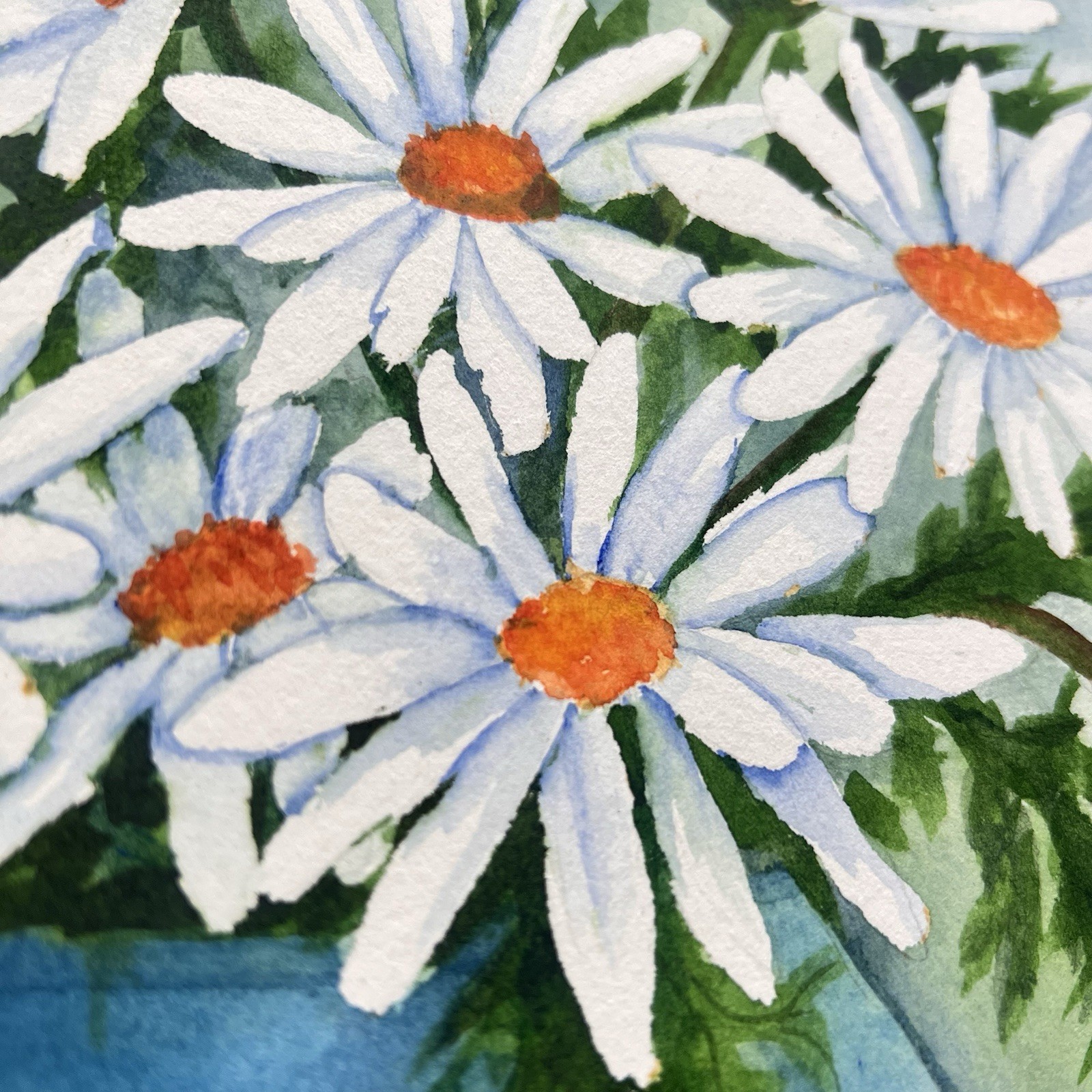 Original Watercolor Daisy Painting Signed Mary Thompson Blue Vase Coastal Art