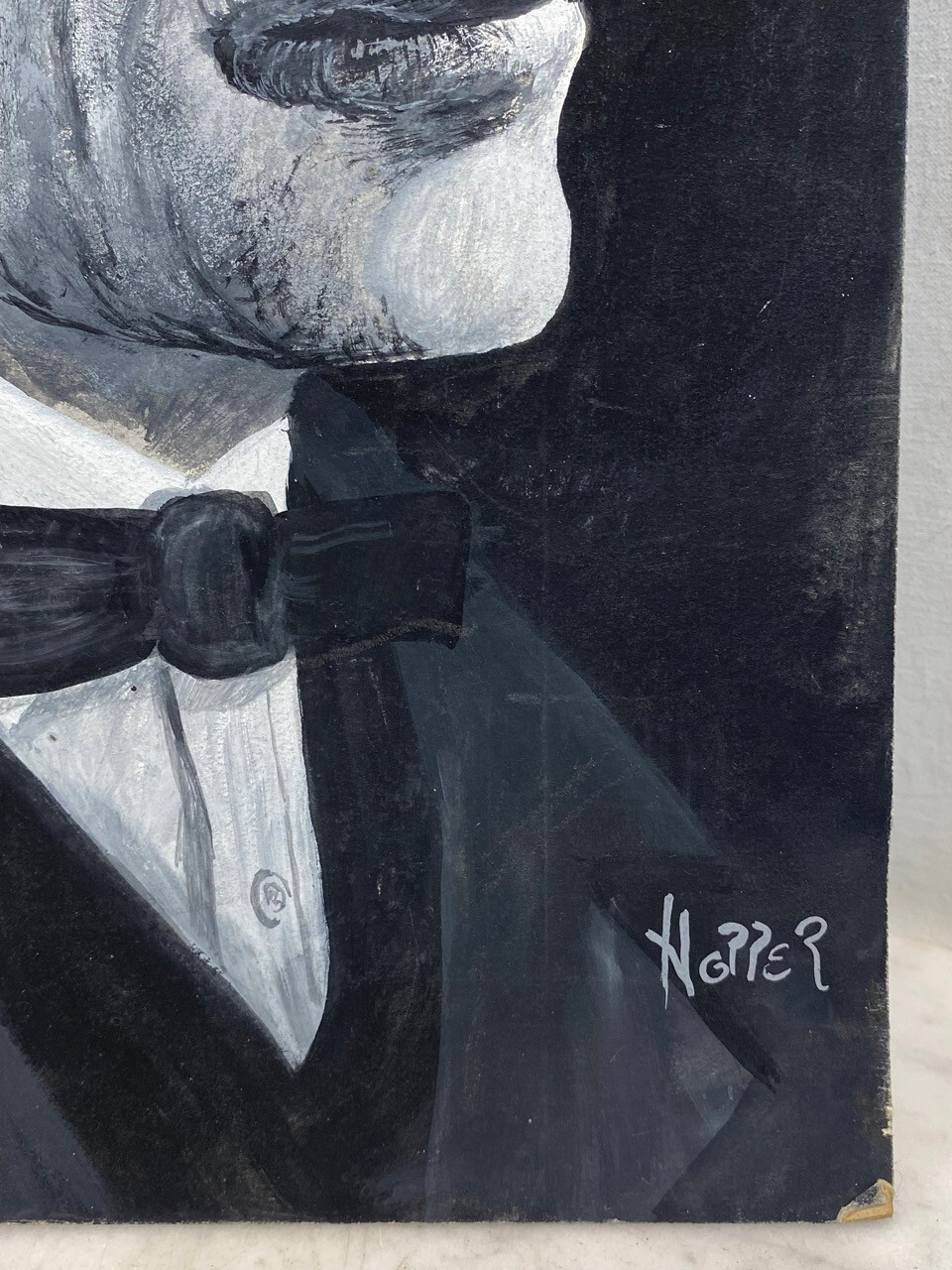 Vintage HOPPER Signed Painting. Phantom of the Opera Illustration B&W Portrait