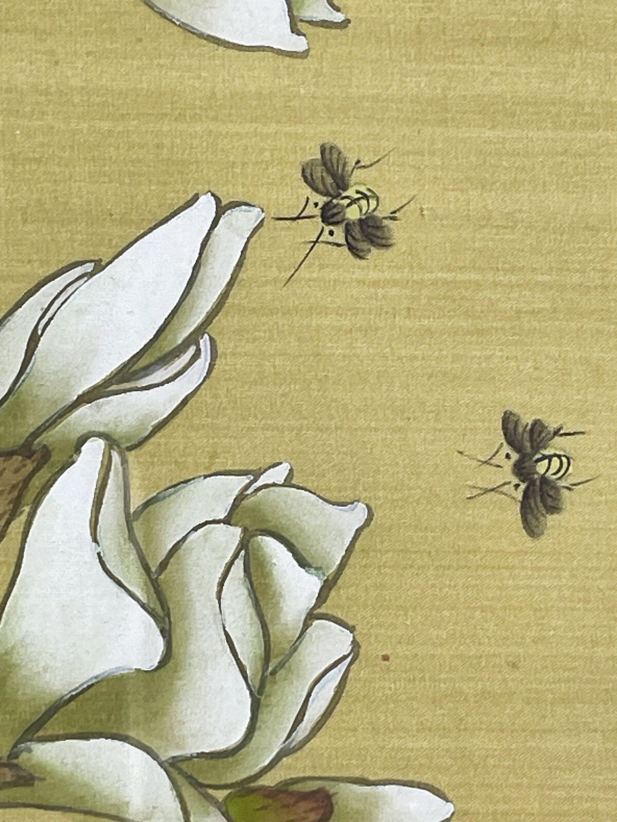 Vtg Chinese Painting on Silk Fabric Magnolia Flowers Insects Faux Bamboo Frame