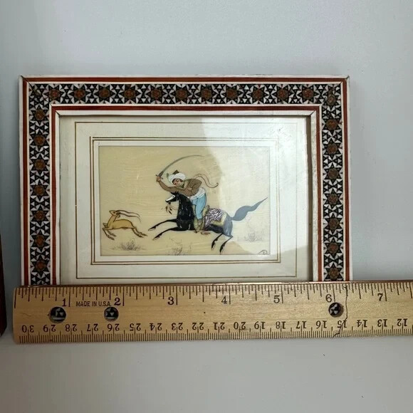 VTG Persian Camel Bone Art Mosaic Framed Art Set of 2 Beautiful