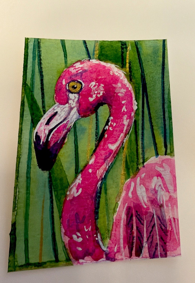 ACEO Original Painting “Pink Flamingo” by Angel 2.5in x 3.5in OOAK