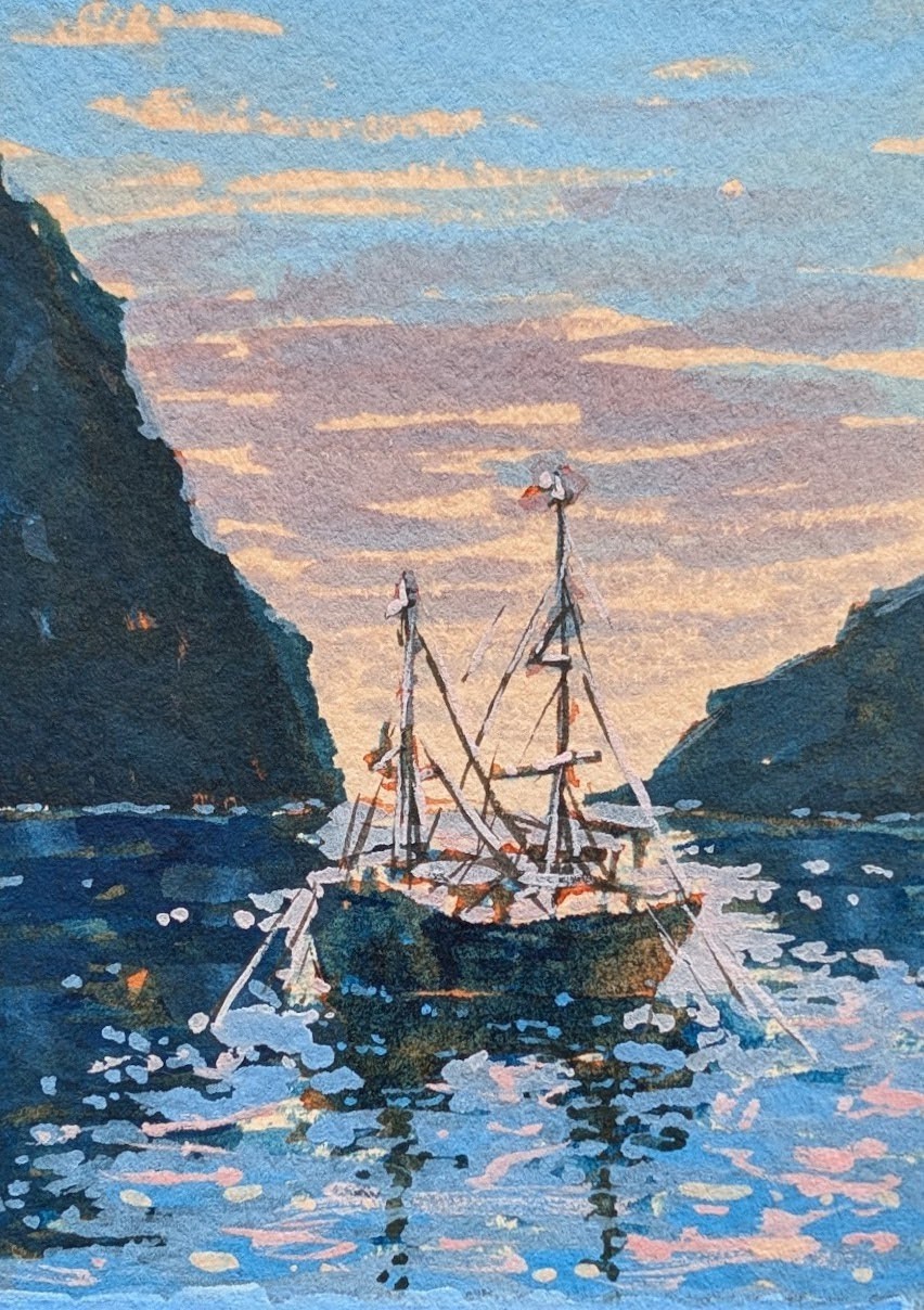 ACEO Print, Pirate Ship Nautical Dawn Fantasy Sunrise Seascape, 2.5″ x 3.5″
