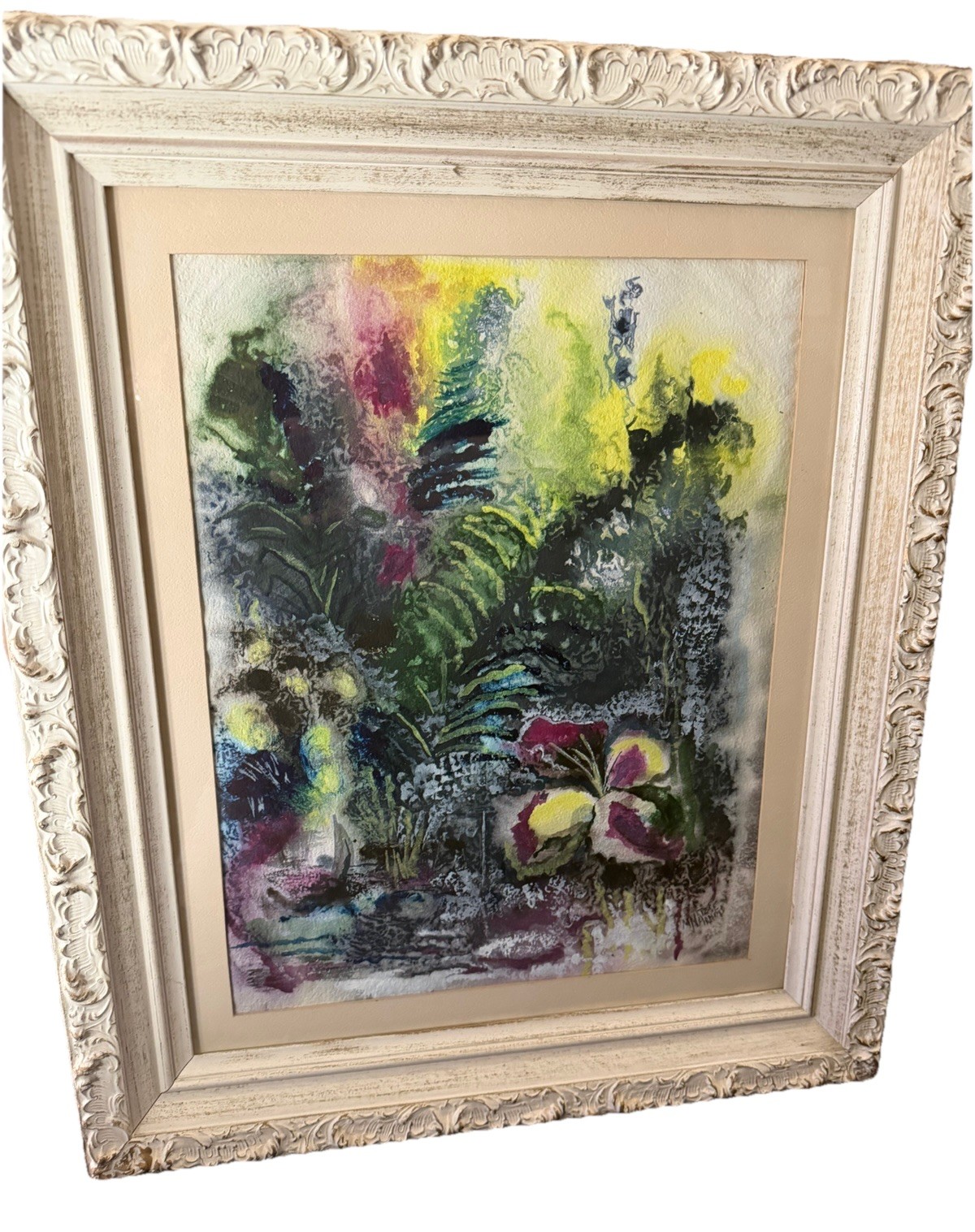 Hand Painted Vintage Water Color “Paradise” Framed Signed Picture Shabby Chic