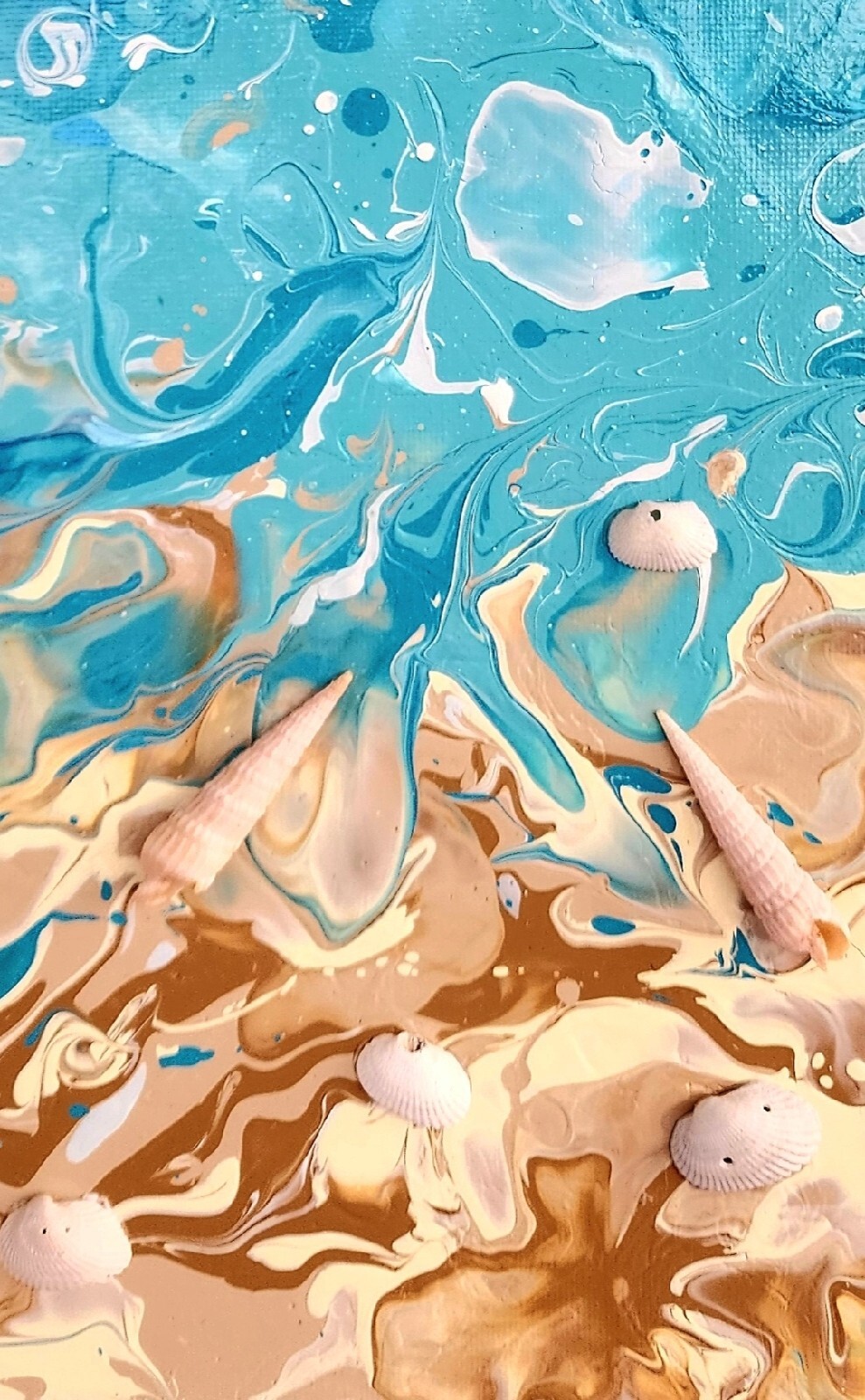 An ORIGINAL ABSTRACT FLUID PAINTING, Ocean With REAL Sea Shells. 11×14 in