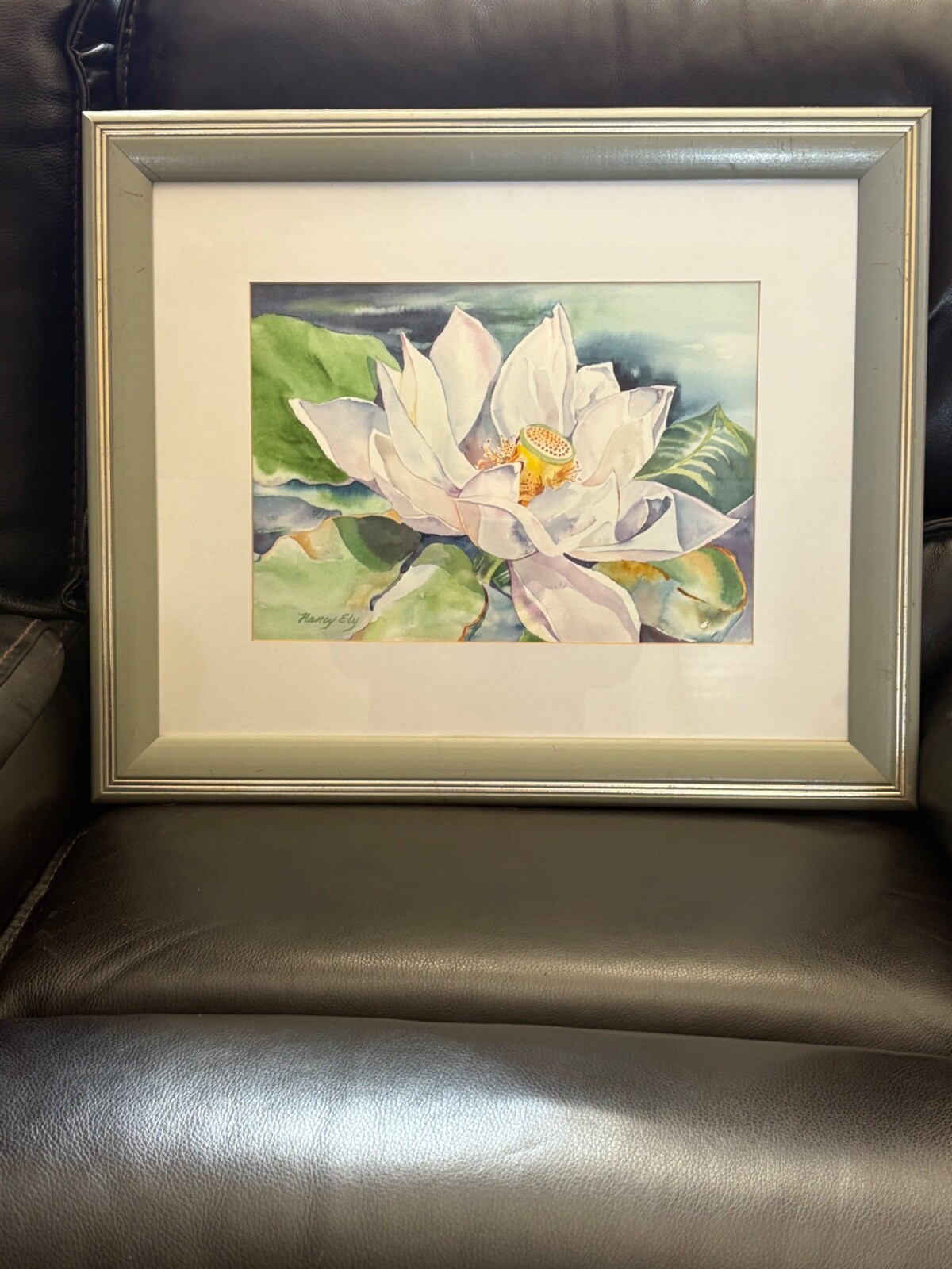 ORIGINAL NANCY ELY WATER LILLY SIGNED WATERCOLOR FRAMED AND MATTED 23” X 19”