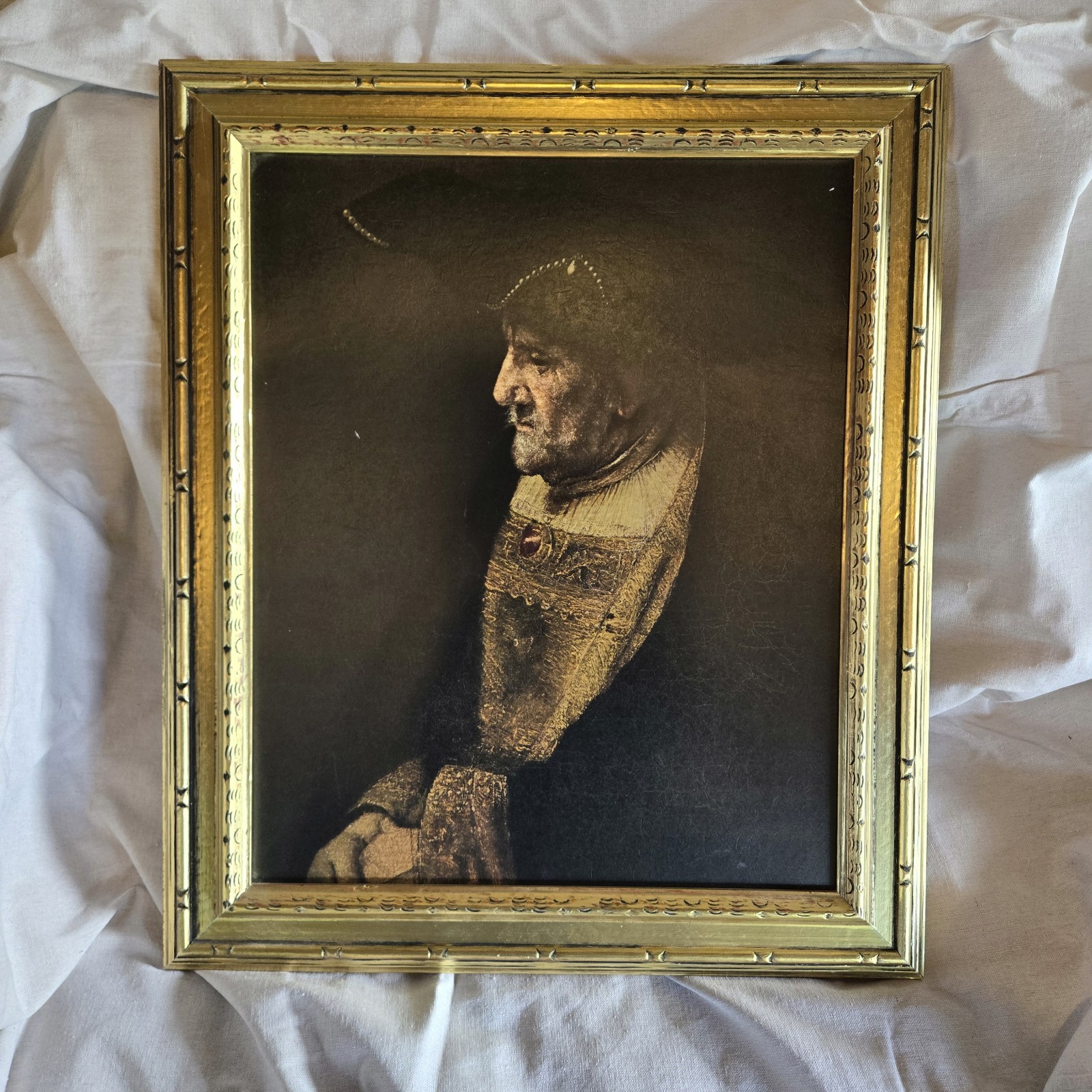 Rembrandt Portrait Painting Art Print ~ Man wit Pearls in Hat Framed Vtg 23×27