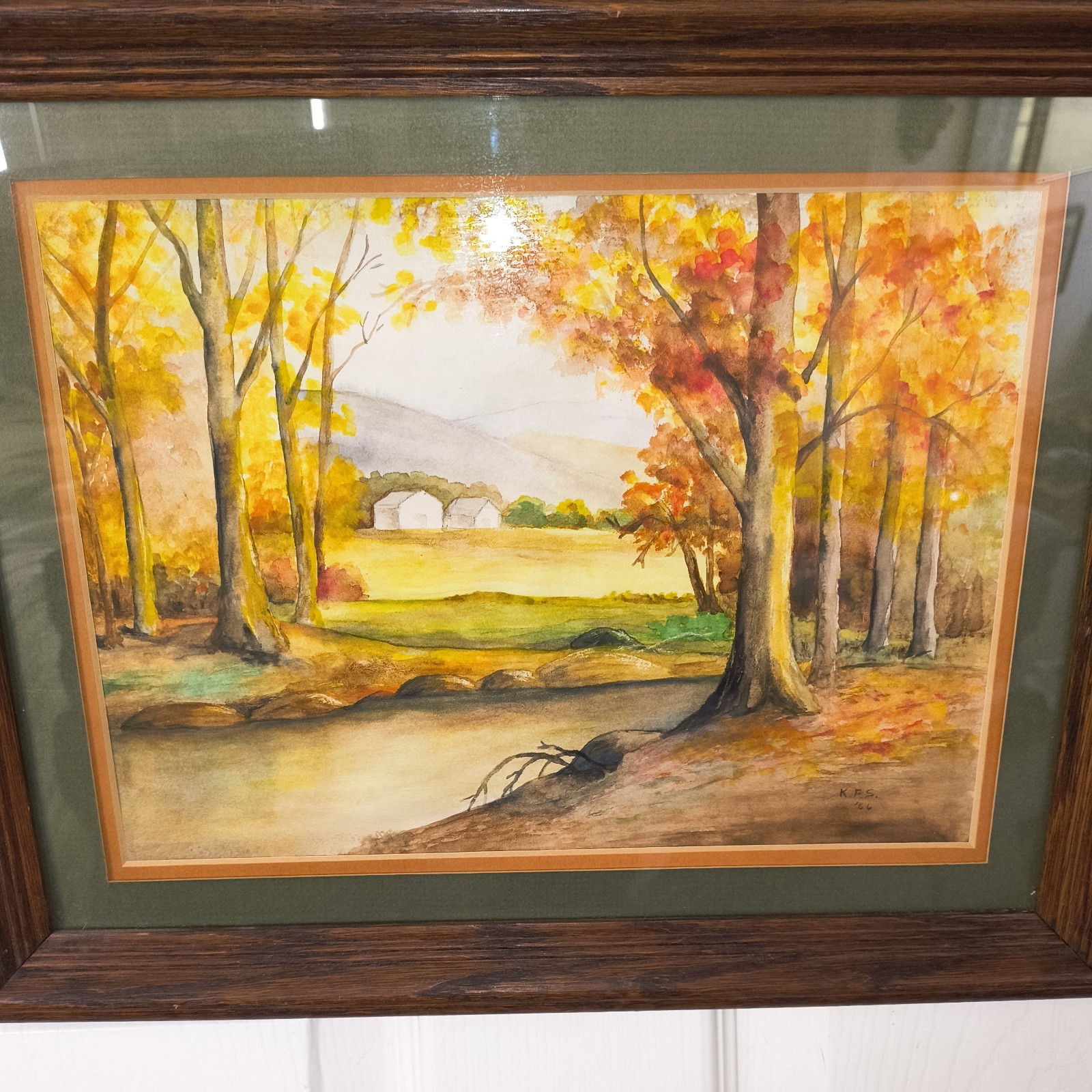 Original Watercolor Painting Autumn Fall River Wood Stream Scene Signed 1966