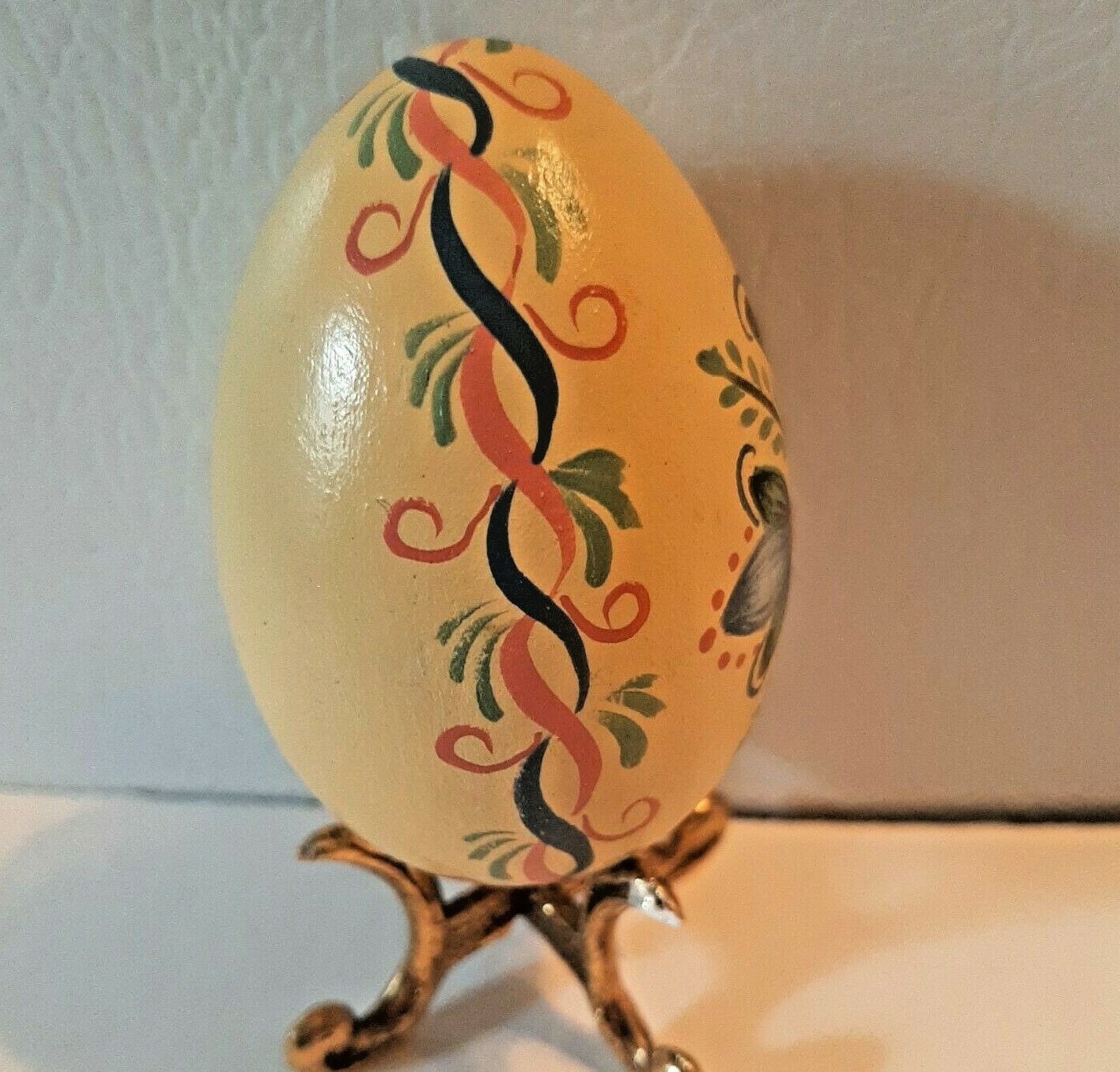 Yellow Blue Decorative Egg Hand Painted Folk Art Easter Decor Signed Wooden OOAK