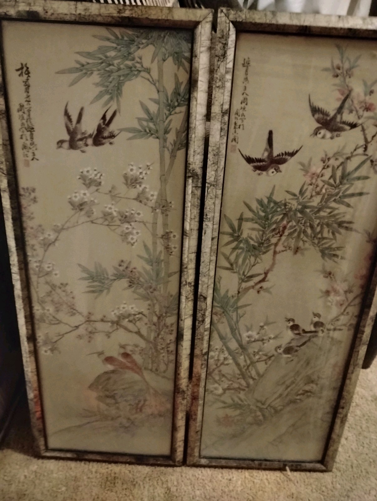 Pair Of Vintage Asian Botanical Paintings With Birds In Bamboo Style Frames