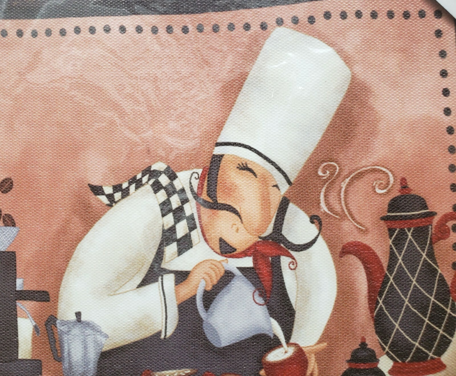 1 KITCHEN CANVAS WALL FRAME,approx. 10″x12″,FAT CHEF POURING MILK IN COFFEE CUPS
