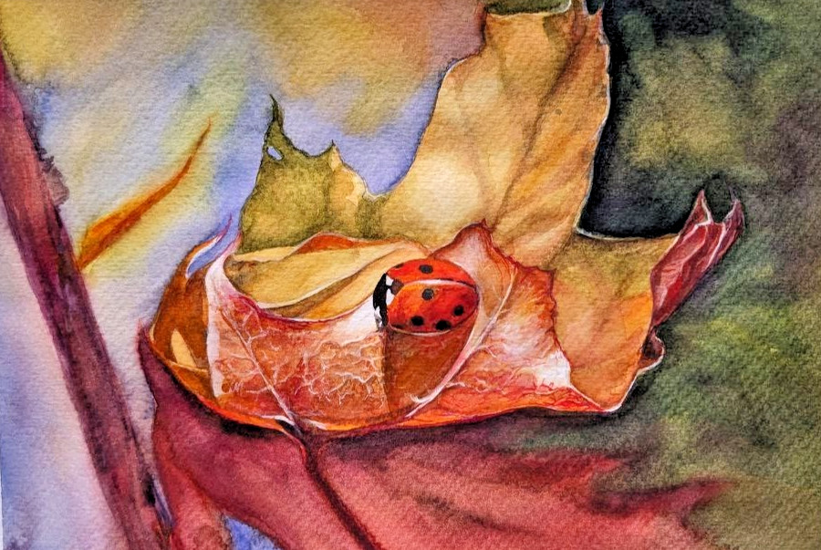 Autumn Golden Orange Leaf with Ladybug Watercolor Painting Seasonal Fall A4 Art