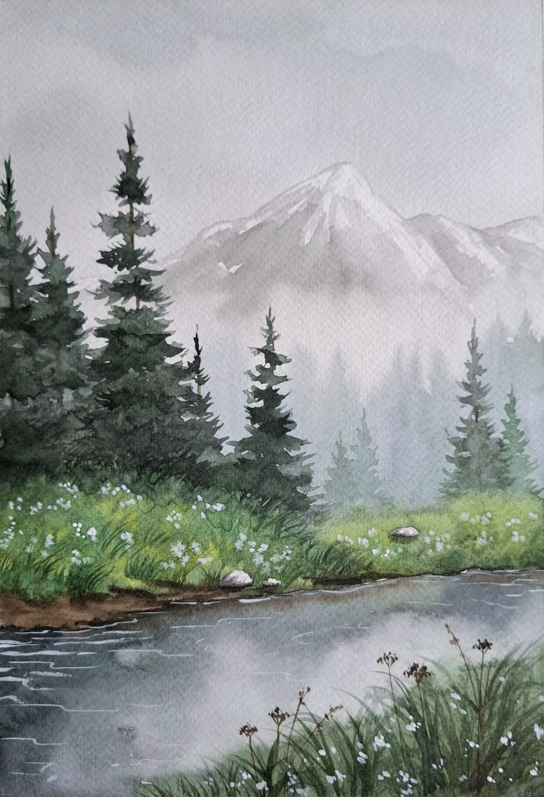 Watercolour Original Mountain Landscape River Flowers Forest Painting Painting Landscape