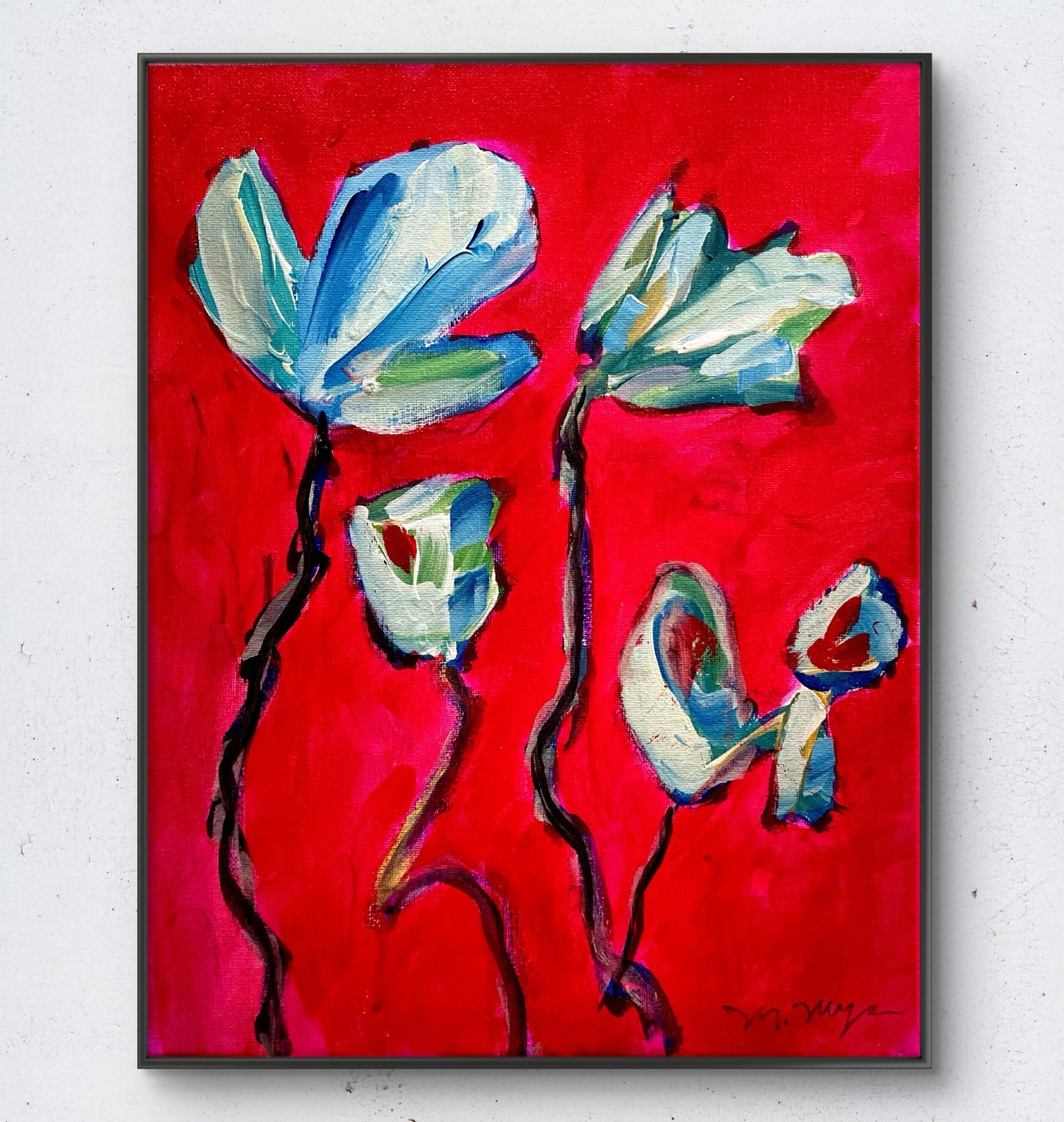 Mary Myers Original Modern Abstract Floral Painting Red Background 11×14