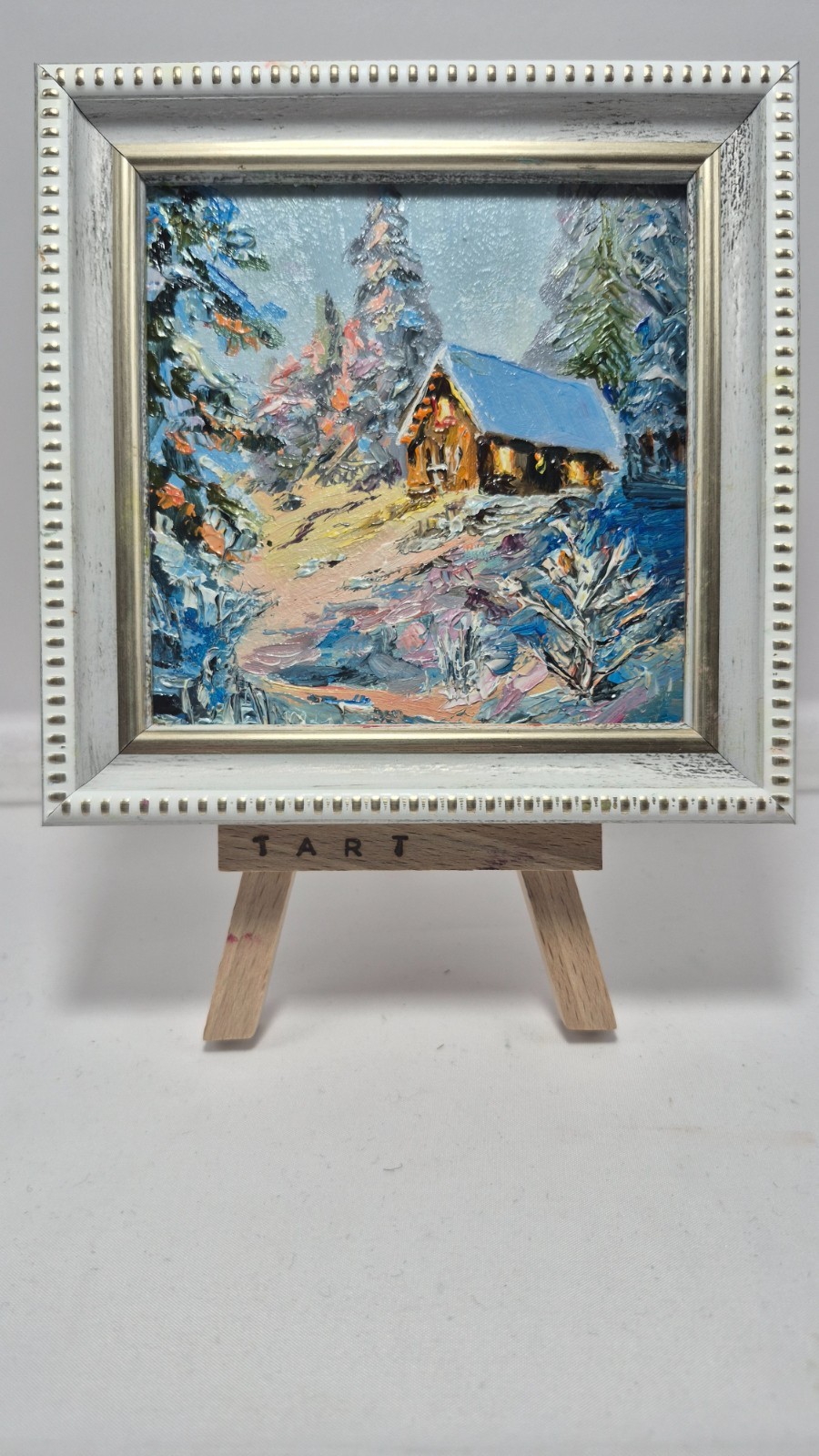 original oil painting in a frame. winter landscape cottage in the forest. 4х4