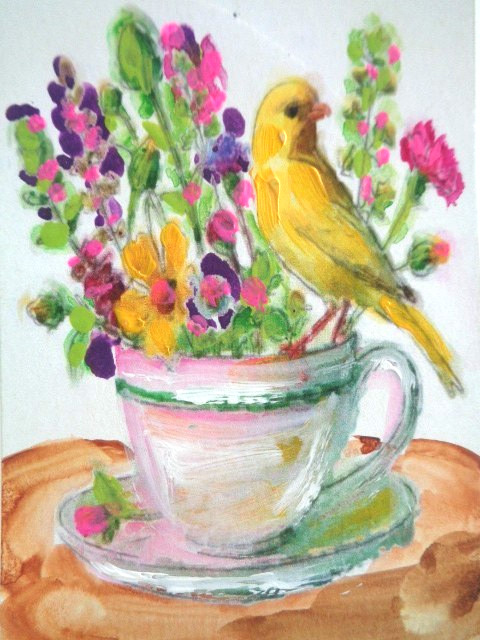 ACEO Little Yellow BIRD COLORFUL Flowers Still Life Painting ART