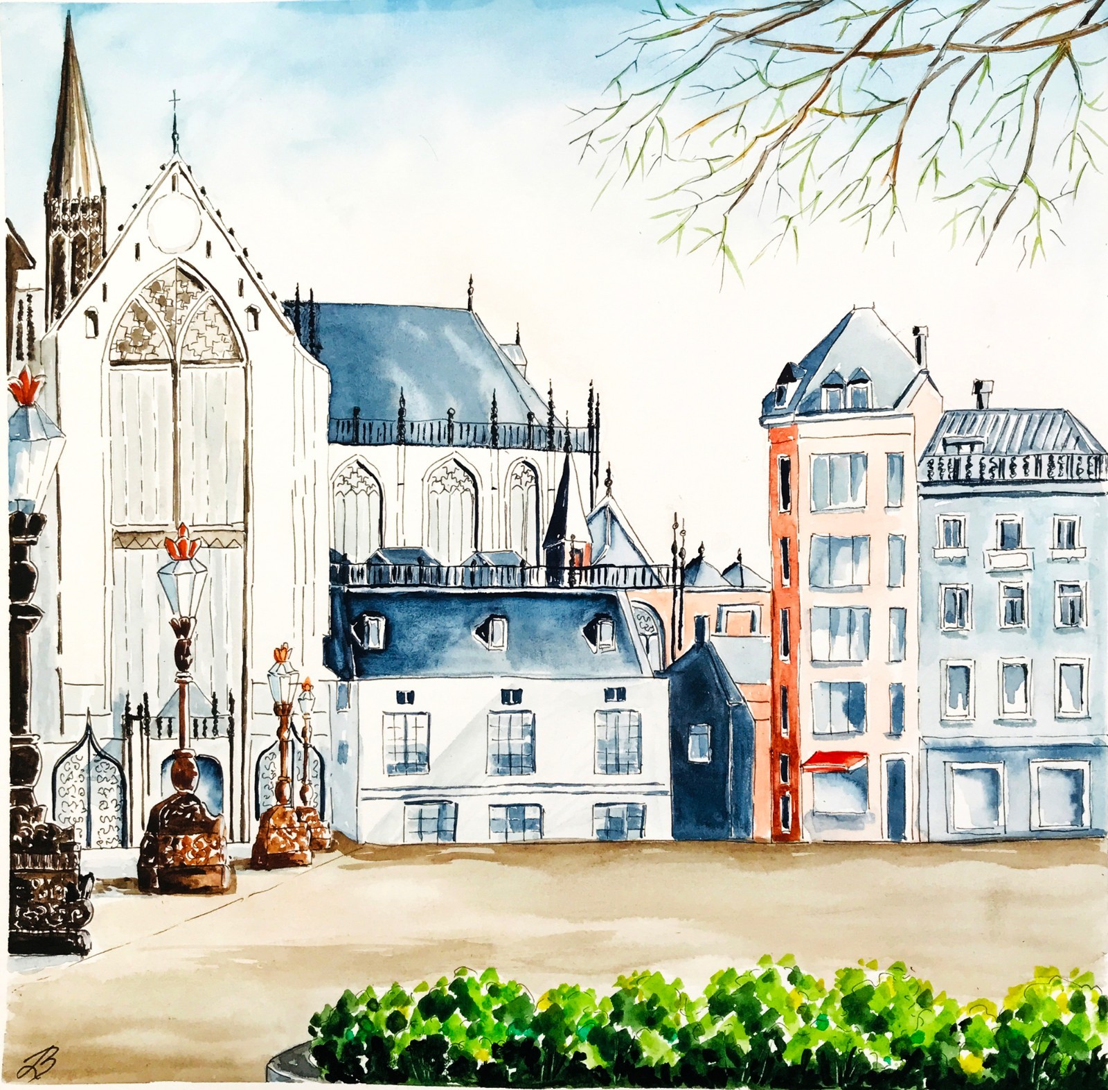 Original Art Dam Square Amsterdam, Cityscape Amsterdam Netherlands 12 х 12″