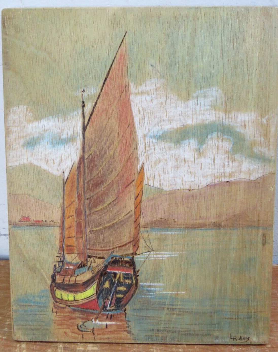 Vintage Sailboat Sea Ship Wood Carving/Burning/Painting 9.5inx12in L. Rollins