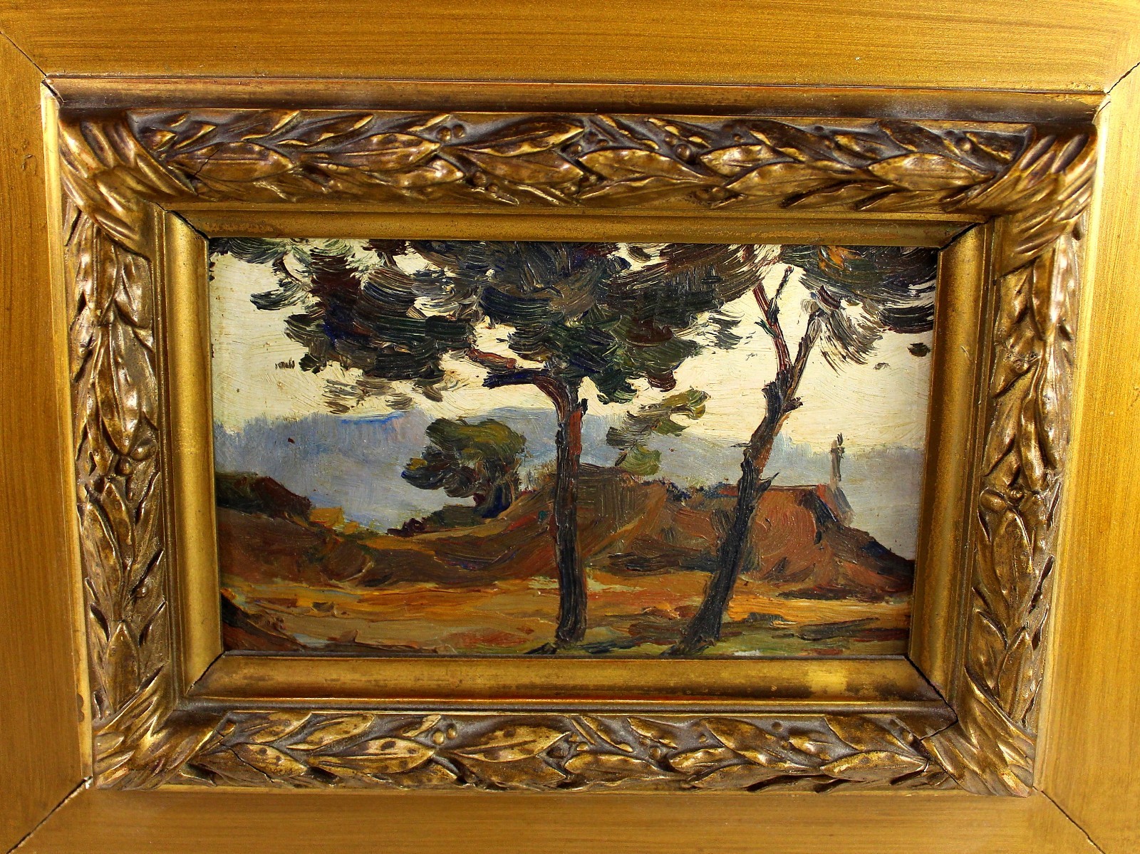 Antique Oil on Panel Landscape Original Oil Painting Raised Frame