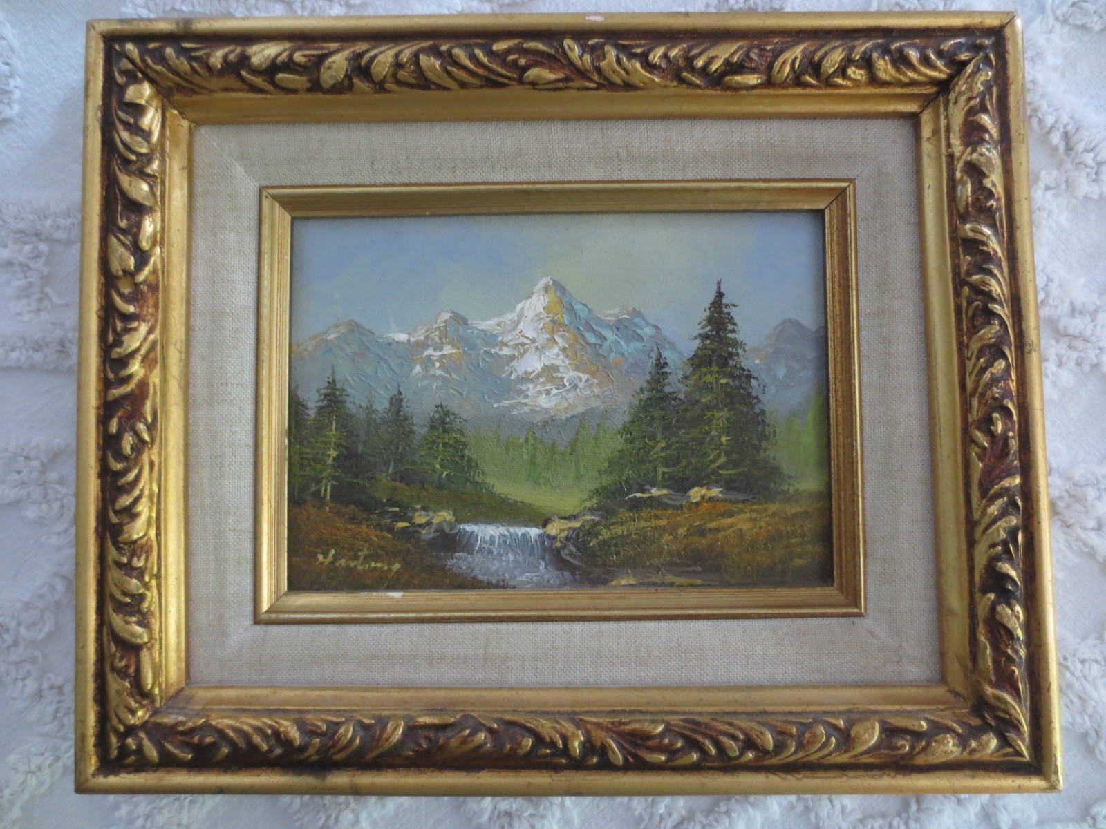 Framed Signed HARTUNG?? MOUNTAIN LANDSCAPE Oil PAINTING – 10-3/4″ x 8-3/4″