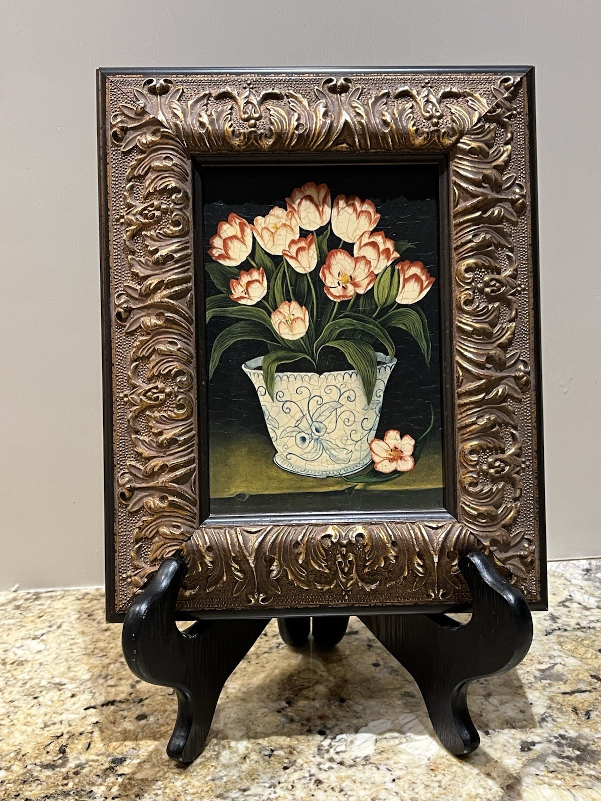 Signed European Tulips White Pink Floral Chinoiserie Pot Oleograph Framed Art