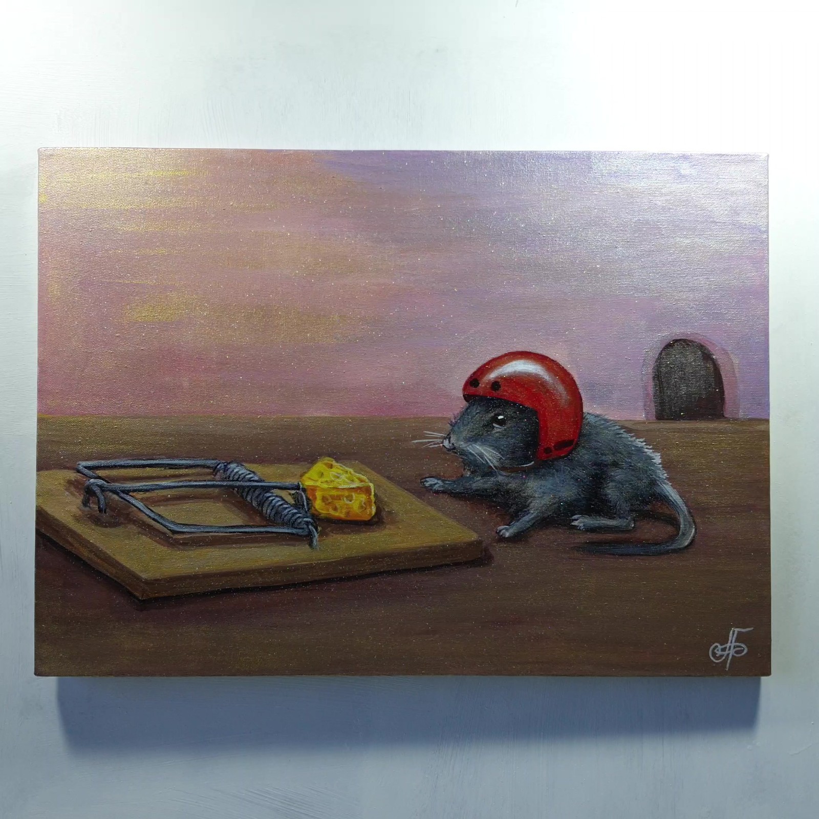 Original Acrylic Painting Thinking Mouse Red Helmet Cheese Trap Canvas Wall Art