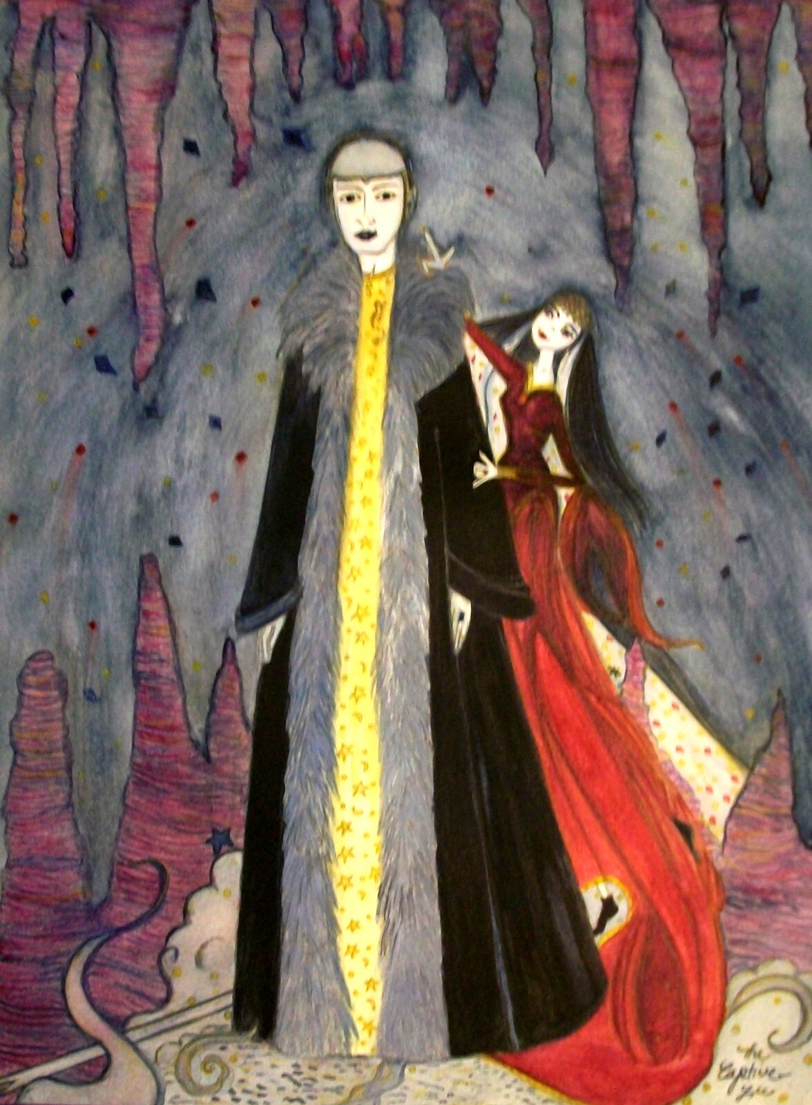 The Captive: Original Watercolor by Dana Lee (9×11.5in) Merlin, Nimue, Morgana