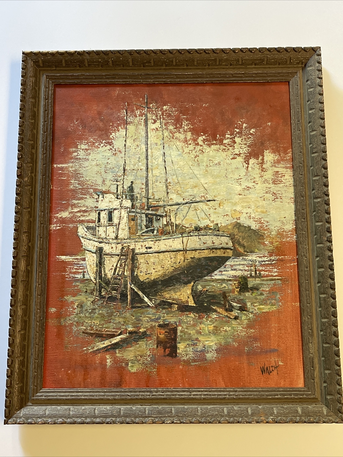 Beach Painting Nautical Marina Coastal Landscape Boat Port Vintage 1970’s Walsh