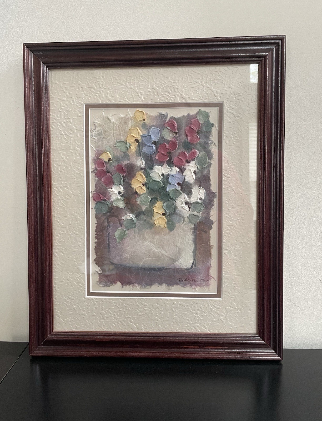 Russ Erickson Textured Rice Paper Art Vase Of Flowers 2004 Framed, Matted,Signed