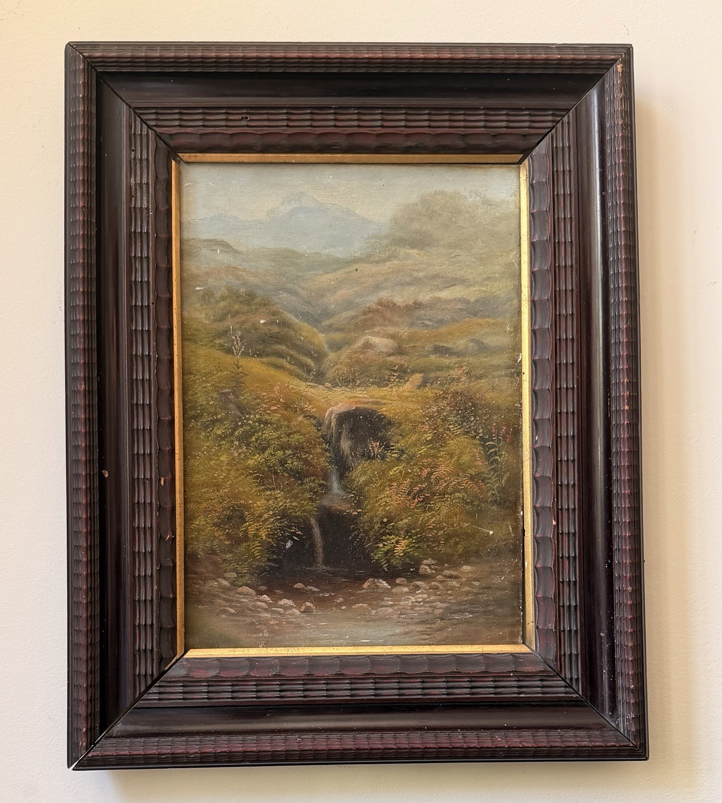 Antique English School Landscape Oil Painting Victorian Mountain Stream Framed