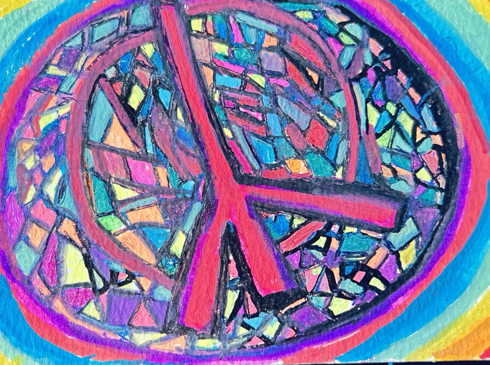Original Abstract Acrylic Painting Peace Symbol Colorful Mosaic Canvas Art