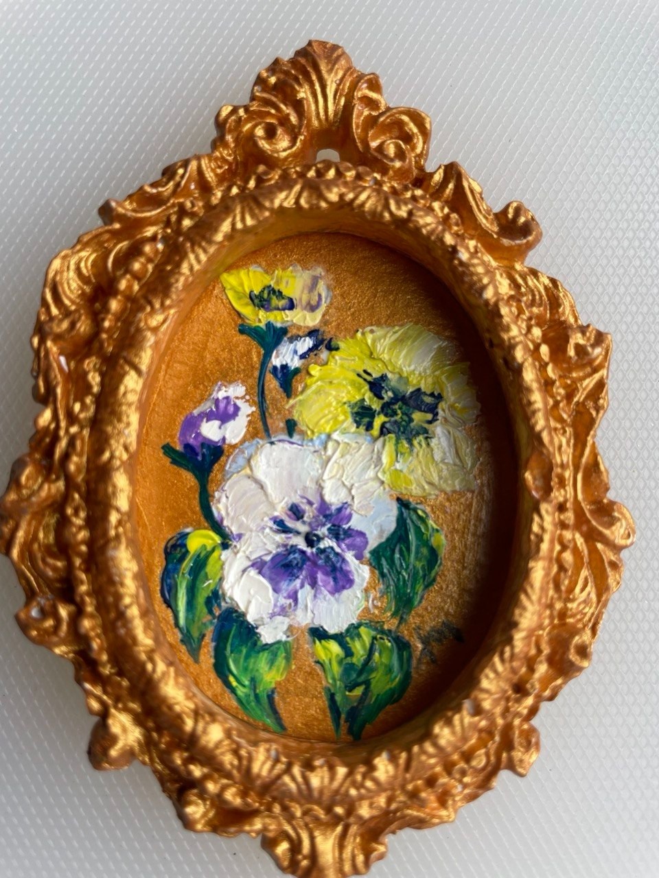 Original miniature oil painting in a frame, impasto technique, flowers, signed.