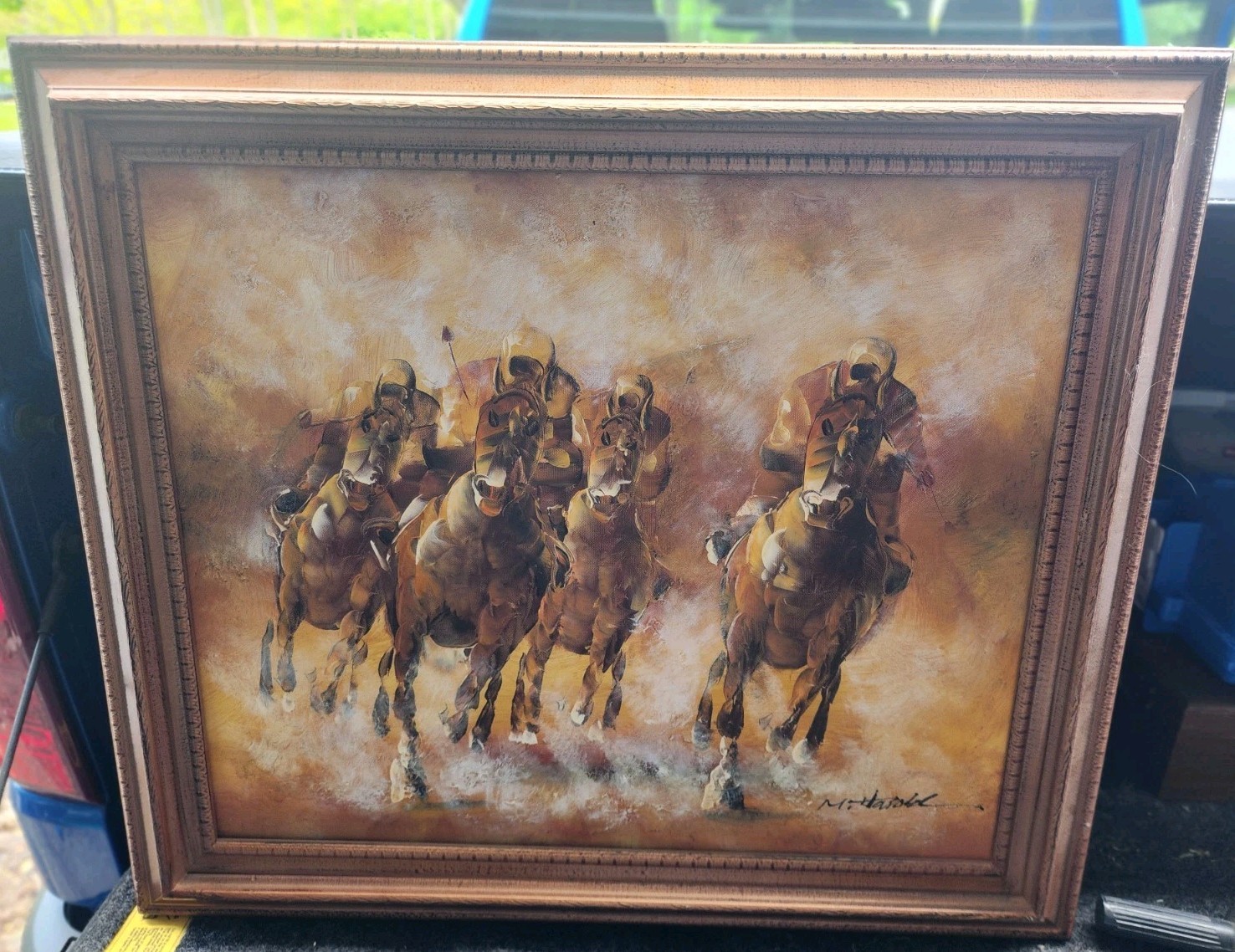 M. Harold Wood Framed 29″ EQUESTRIAN Horse Racing Oil Painting SIGNED Original