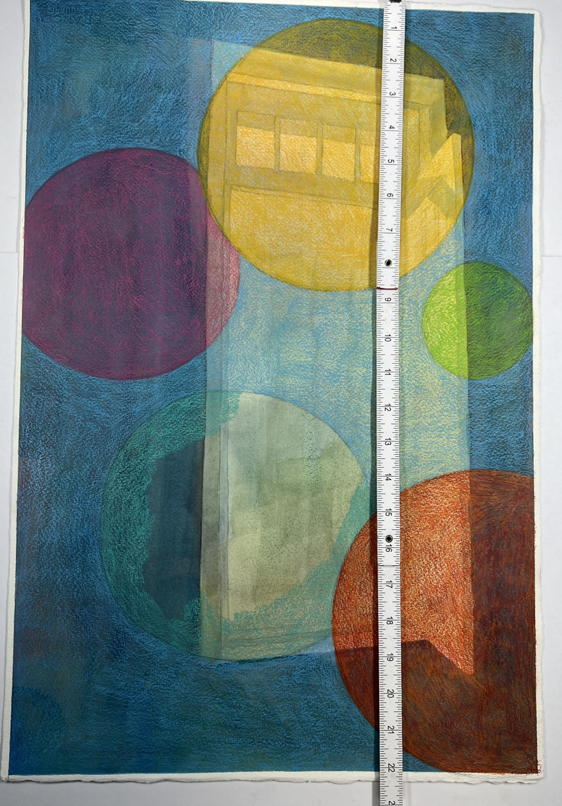 Mixed Media Painting Floating Door & Spheres In Space 22×15” Surreal Folk Art