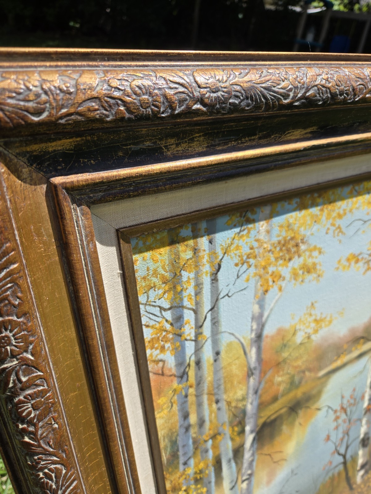 Vintage Original Oil Painting Birch Trees Autumn Forest Signed Ornate Wood Frame