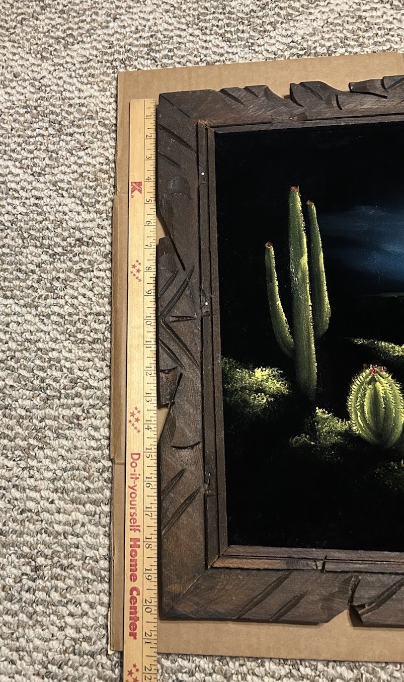 Vtg Black Velvet Painting Desert Sunset Cactus Mexico Carved Wood Frame 24”x 20”