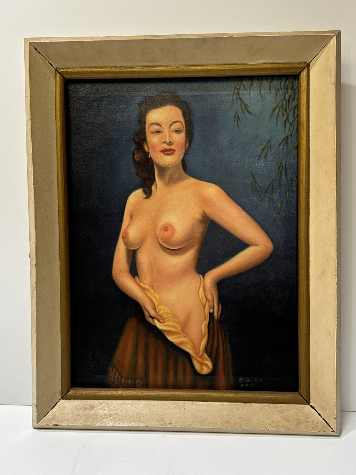 MID CENTURY PAINTING FELICIANO SIGNED OIL PRETTY WOMAN FEMALE MODEL MEXICAN