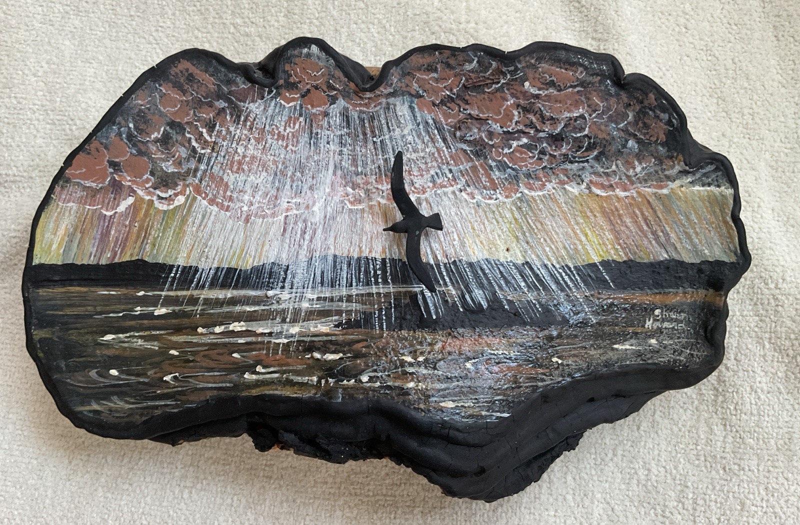 Folk Art Oil Painting On Oyster Mushroom Fungus Stormy Beach Seagull Scene Vtg