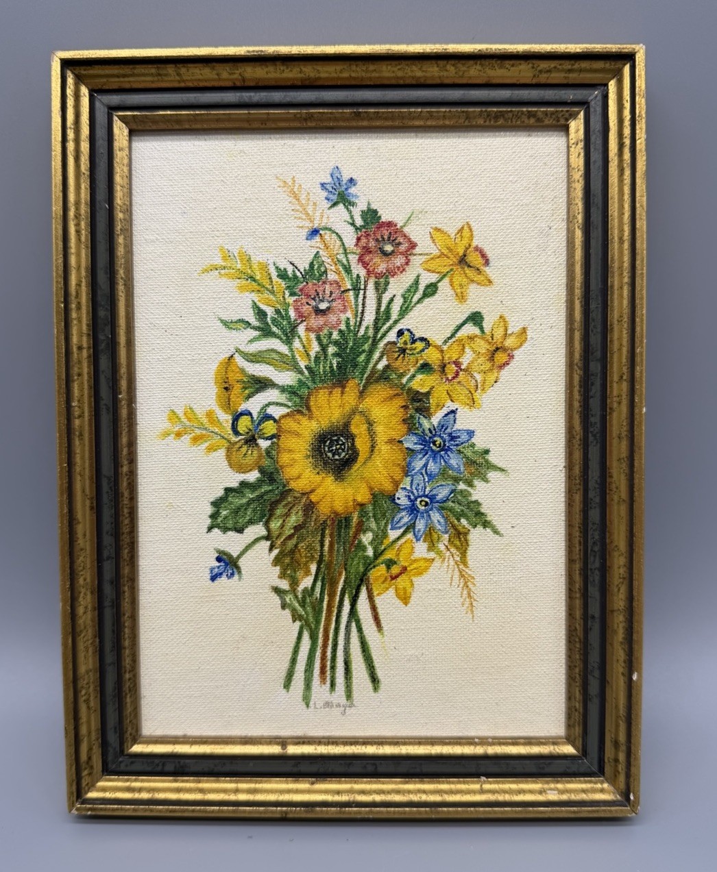Vtg Small Flower Bouquet Original Painting Framed Floral Artist Signed 6×8”