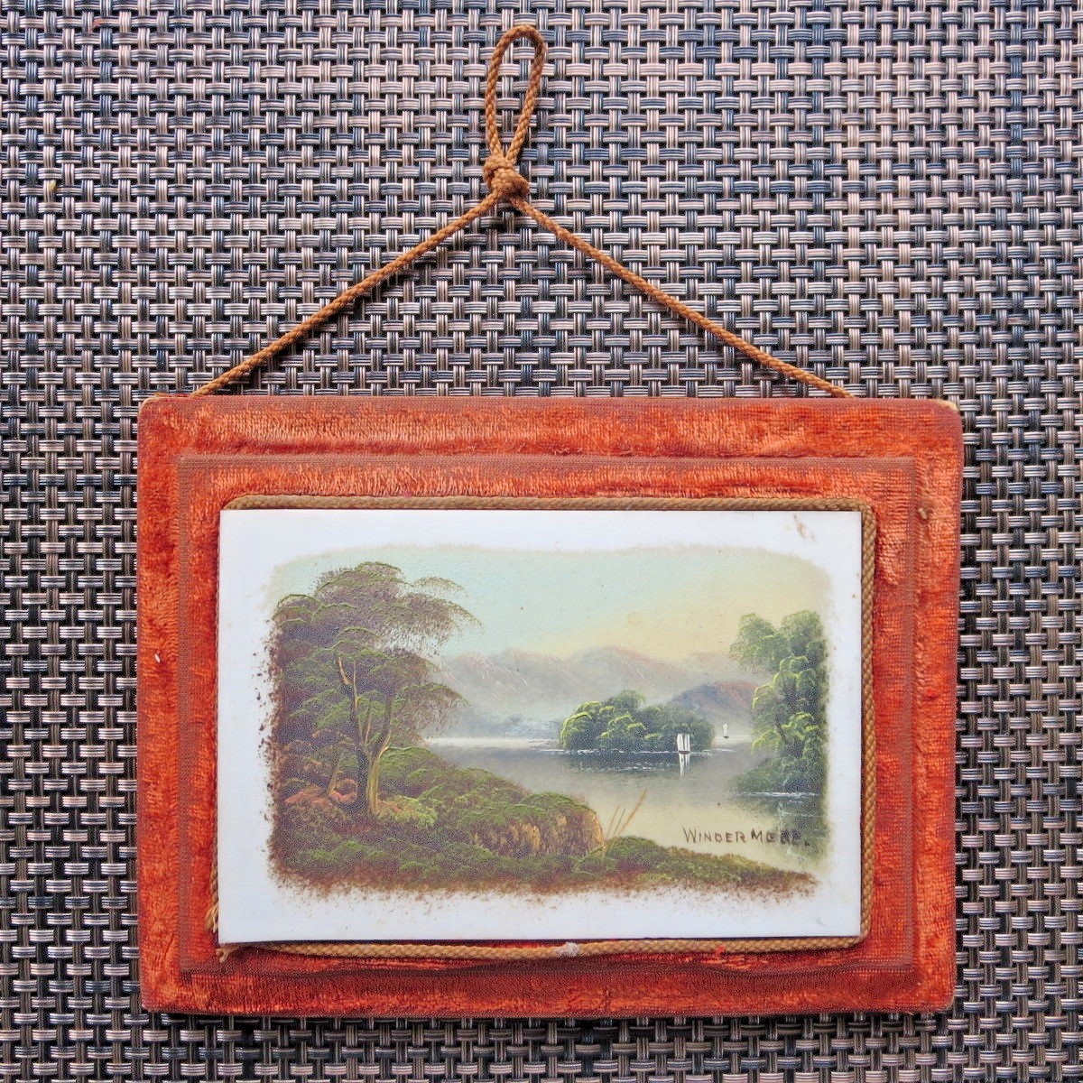 Oil Painting on Milk Glass Lake Windermere England Original Antique Velvet Frame