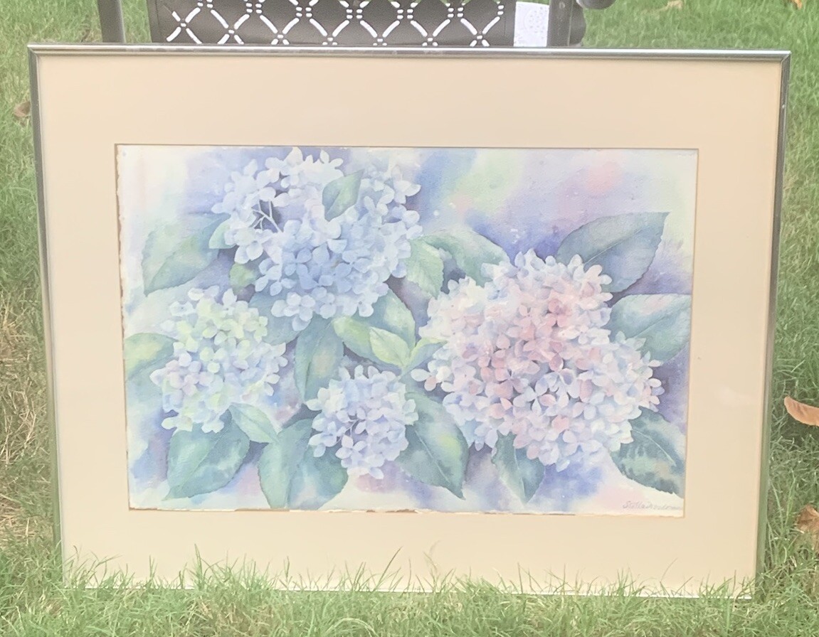 VTG Stella Woodman Pink&Blue Hydrangeas Watercolor Signed 22.25”T 28.25”W Framed