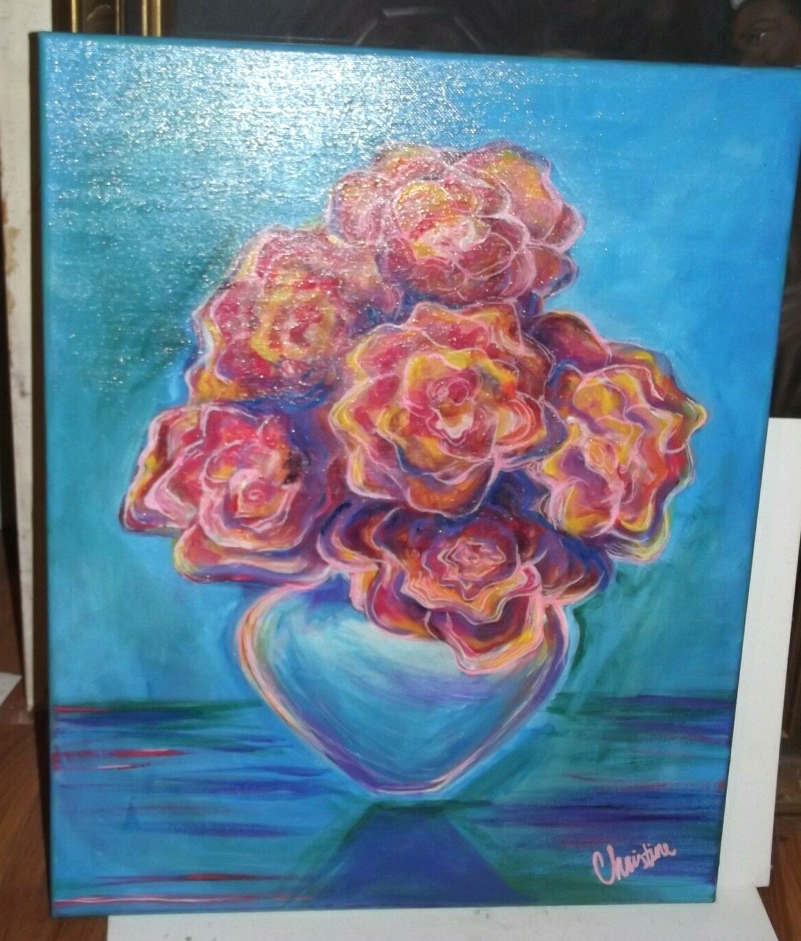 Floral Still Life Painting Flowers in Vase 16×20 signed, Christine acrylic